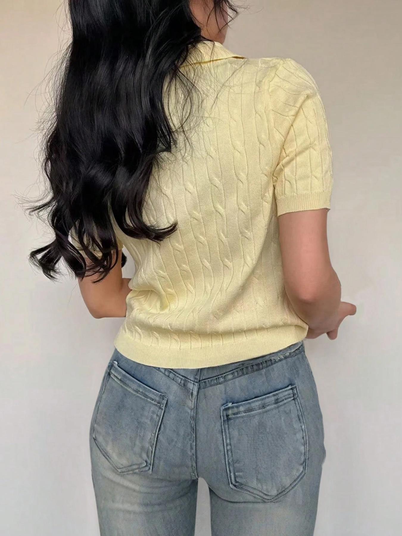 Women's Plain Cable Knit Sweater Pullover, Casual Short Sleeve Collared Jumper for Spring, Fashion Women's Knitwear for Daily Wear