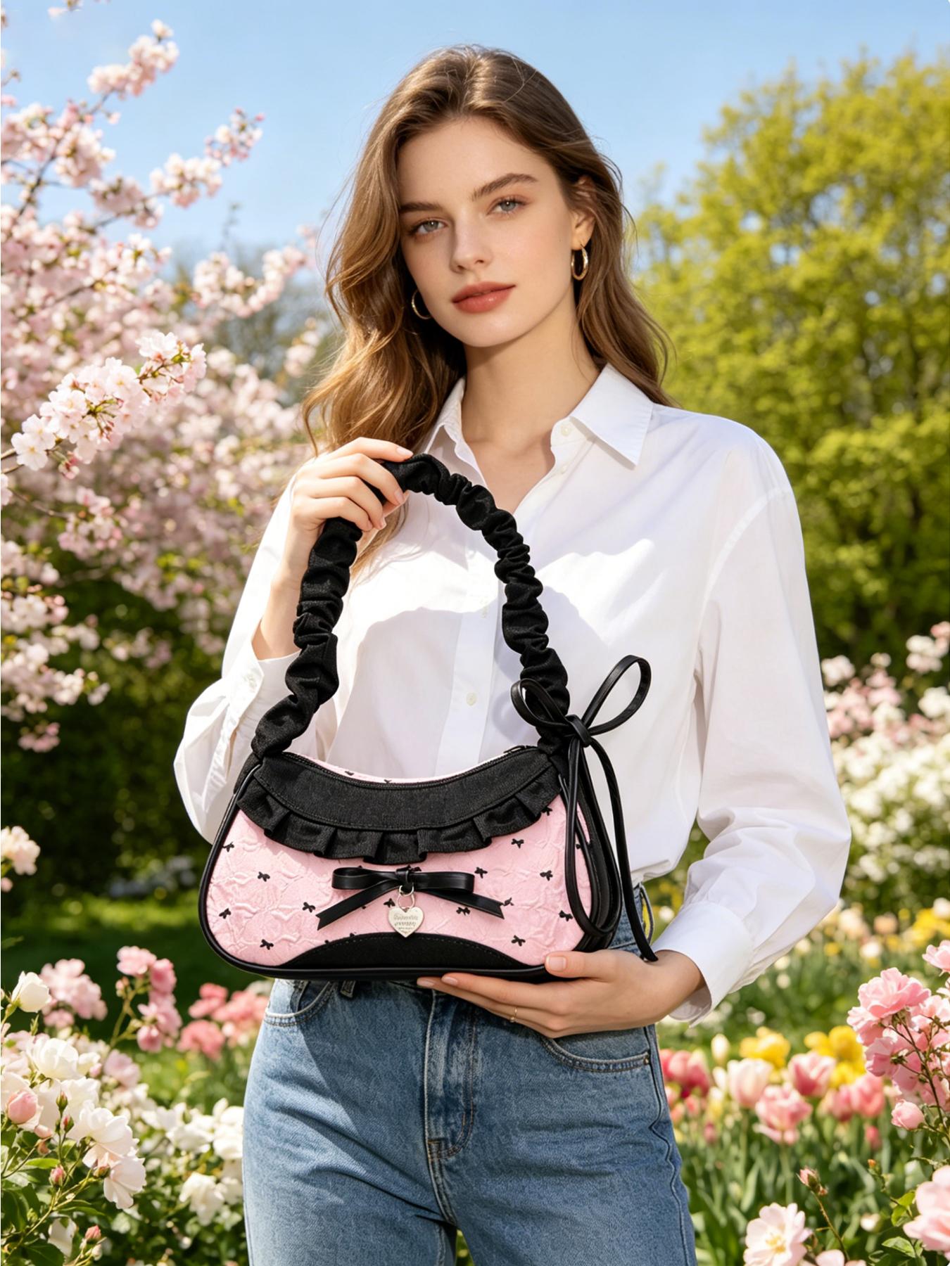 1pc Vintage Plaid Denim Shoulder Bag for Women, Cute Ruffle Strap Handbag, Stylish Underarm Purse, Lightweight Yet Spacious Daily Bag, Fits Phone Wallet Essentials, Perfect for Dating, Shopping, Travel, Sweet Style Gift for Birthday, Mother’s Day