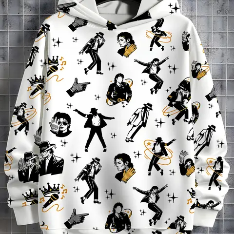 Michael Iconic Dance Moves Unisex Kids Hooded Pullover, Boys Girls Long Sleeve Casual Top, Full Print Autumn Hoodie, Graphic Hoodie Sweatshirt