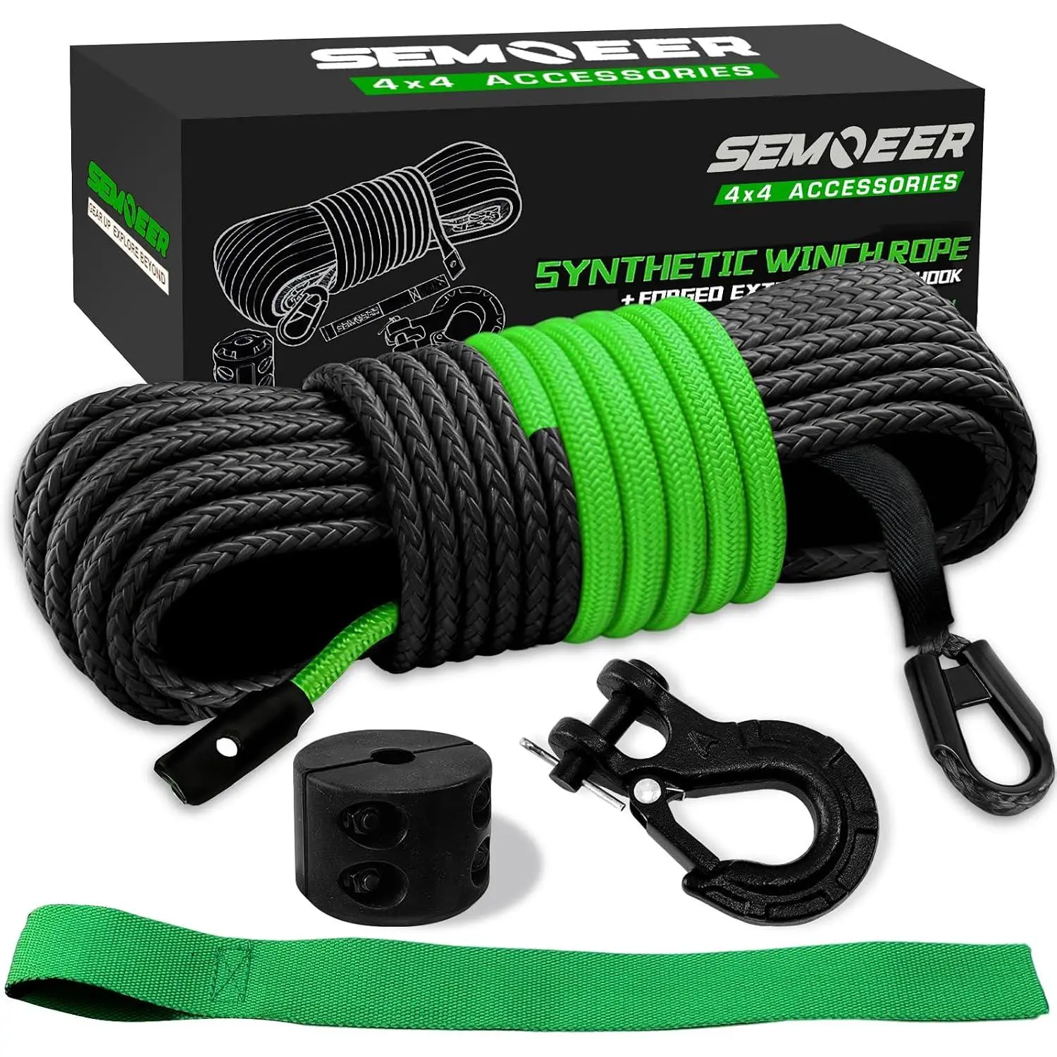 Synthetic Winch Rope Kit, 1/4" x 50ft with Winch Hook & Stopper| 10000 LBS Winch Cable with Protective Sleeve and Safety Pull Strap for ATV UTV Off Road Accessories, Black with Green Warning