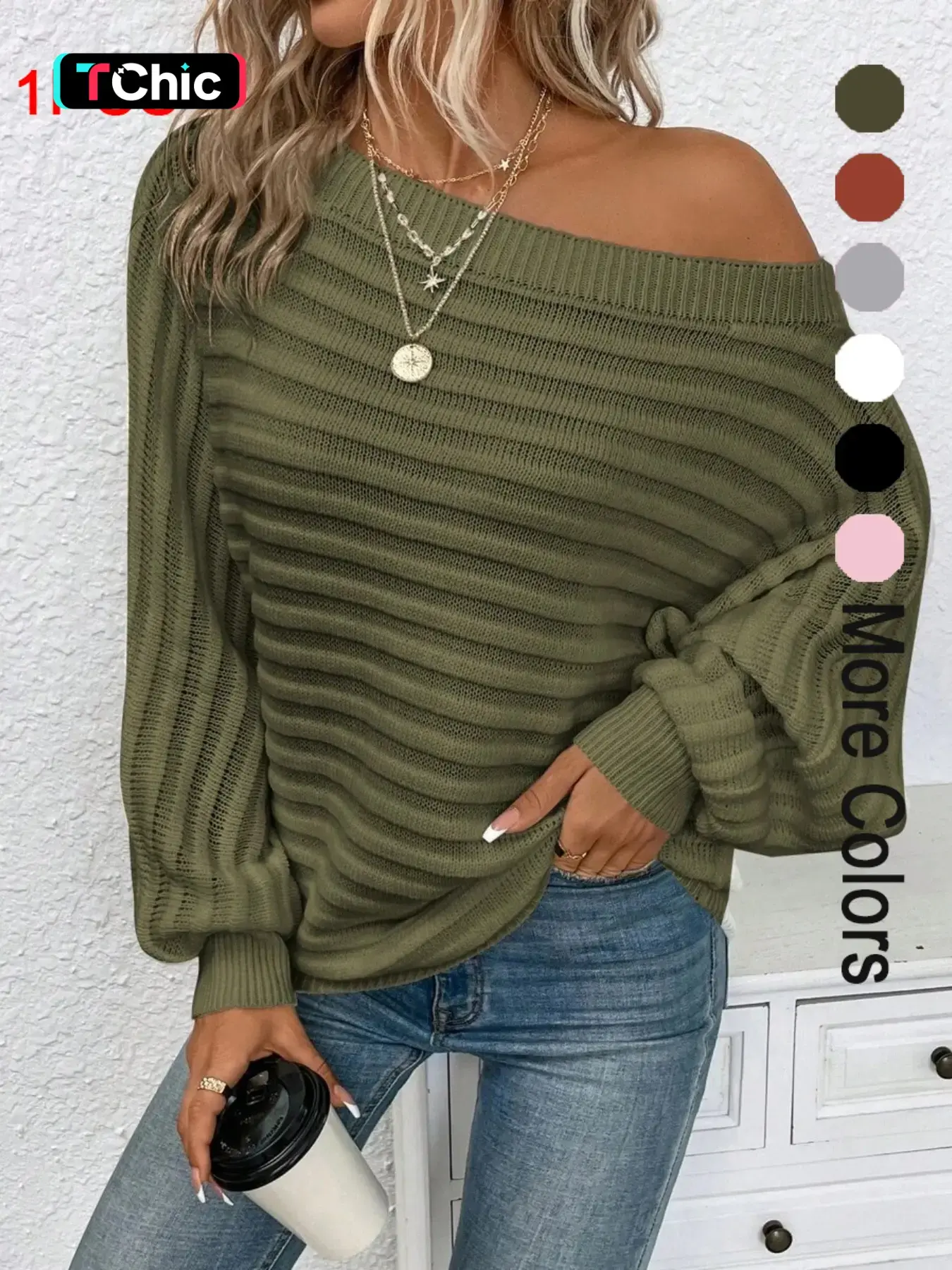 Women's Textured Asymmetrical Neck Sweater, Casual Long Sleeve Batwing Sleeve Jumper for Daily Outdoor Wear, Ladies Knit Top for All Seasons