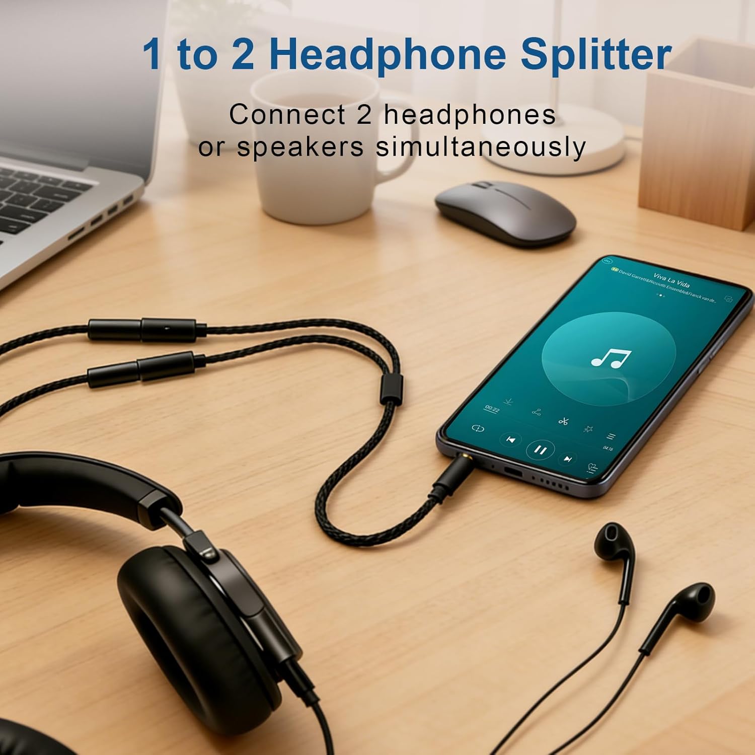 3.5mm Headphone Splitter,   Plated Aux  Y Audio Splitter, Nylon Braided Stereo Dual Headphone Jack Cord 1 in 2 Way Out Headset Splitter for PC, Phones, , Tablet