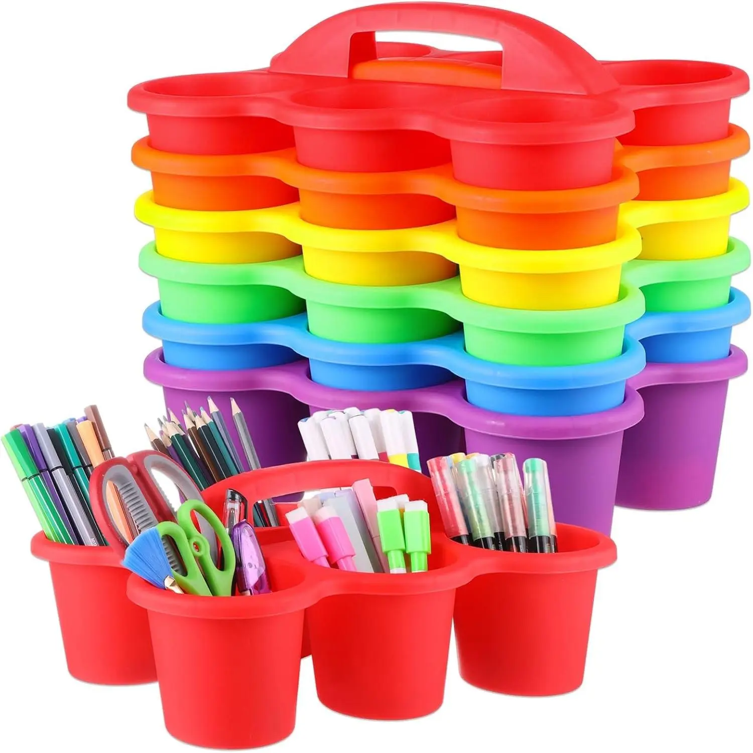 6-Pack Rainbow Rectangular Flat Stacked Classroom Caddy Organizer with Handle, Colorful Plastic 12x9x3.5" 6-Compartment Table Holder for School Supplies, Crayons, Pencils, Markers, Crafts
