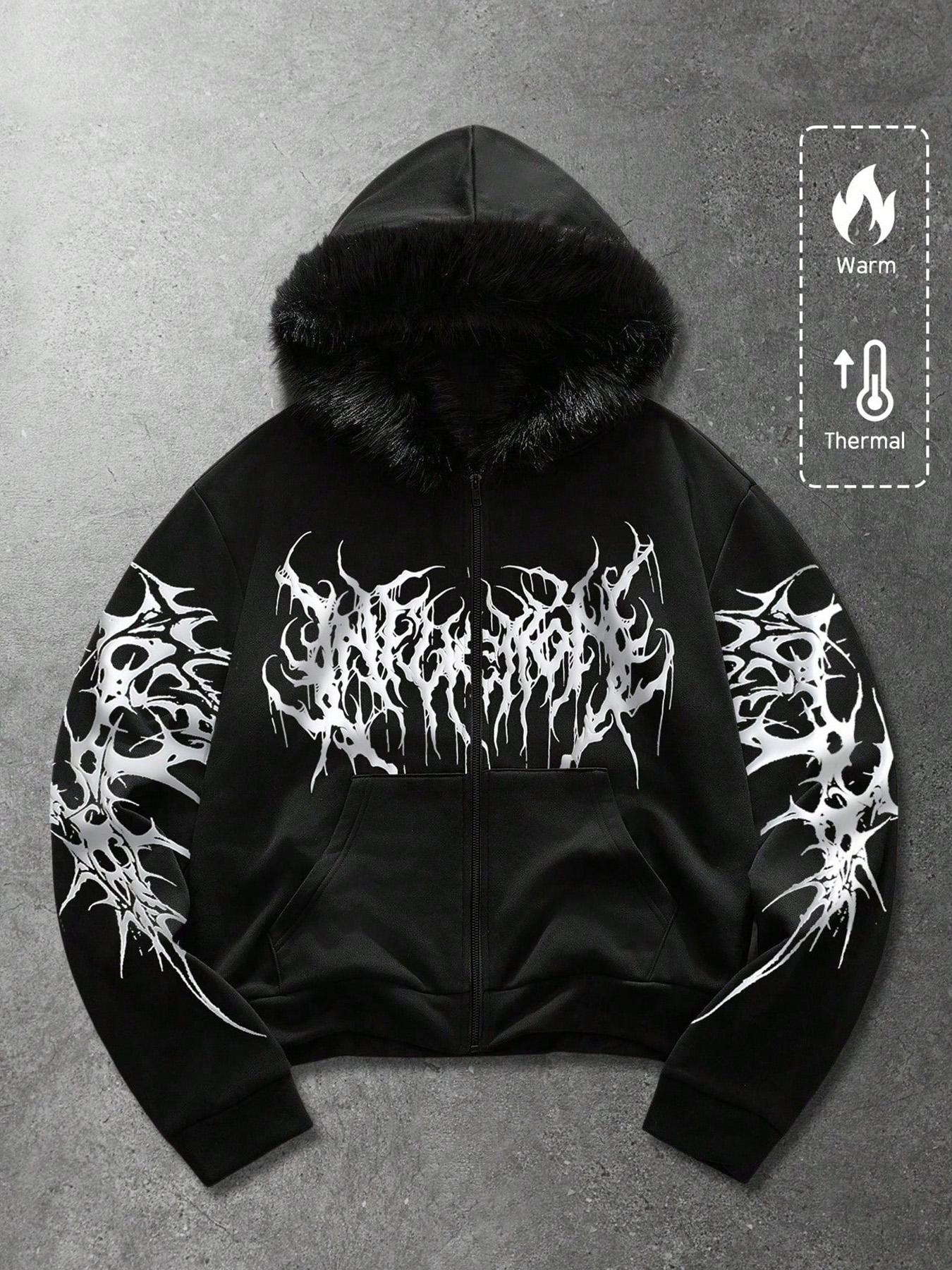 Y2K Cyber Grunge Full Zip Hoodie with Red Furry Hood | Gothic