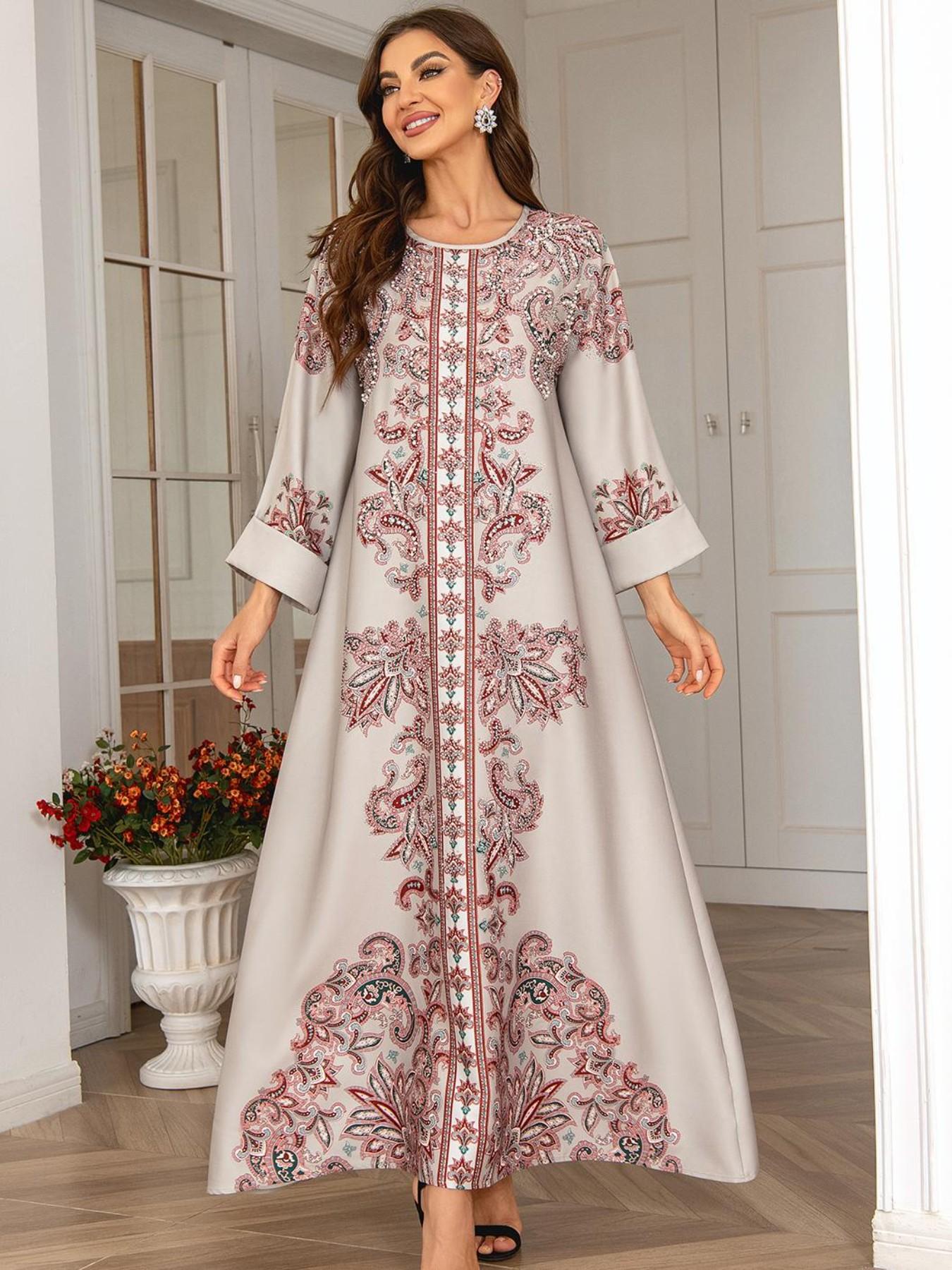 Elegant Muslim Women's Kaftan Dress, Round Neck High Density Rhinestone Beaded Print, Cross-Border Long Robe, Stylish Evening Wear