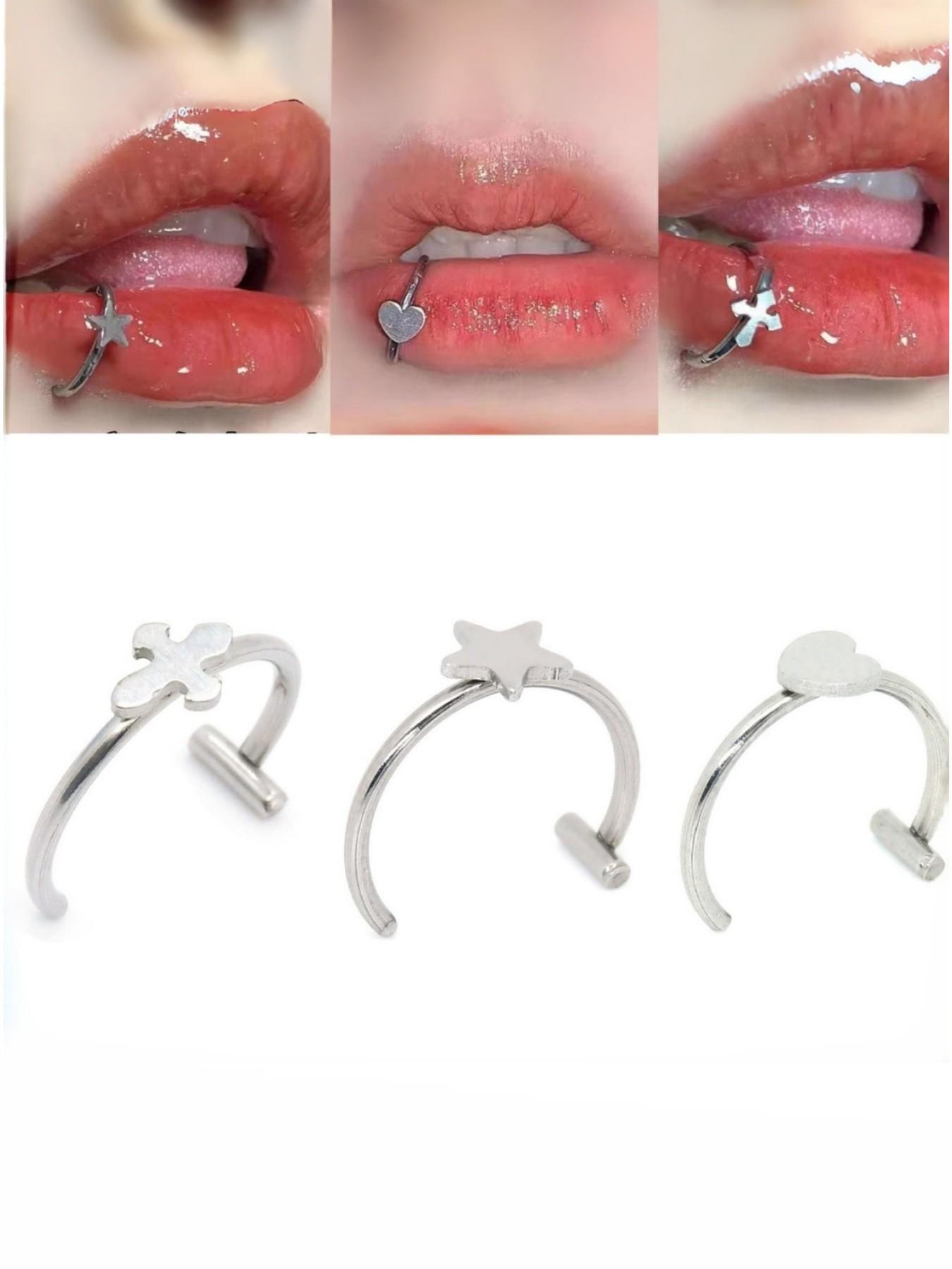 3pcs Heart Cross Star Fake Lip Ring Set – No Piercing Clip On Lip Labret, Adjustable Non-Pierced Lip Cuff, Pain-Free Alternative Lip Jewelry for Women, Trendy Singles Day Valentine's New Year Gift