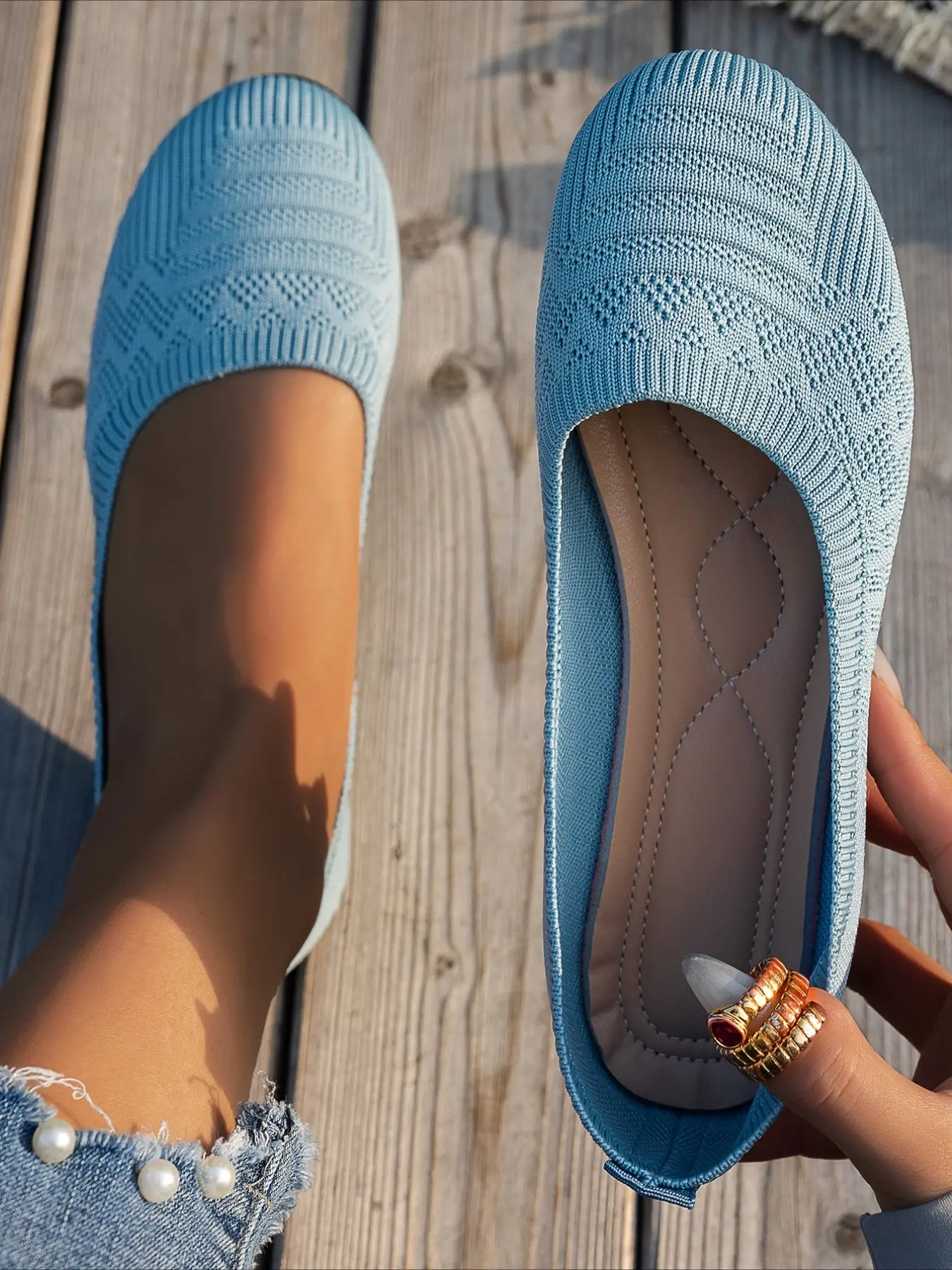 1 Pair Textured Knit Round Toe Flat Shoes for Women, Breathable Soft Elastic Cushioned Non-Slip Slip-On Loafers, Minimal Fresh Style Versatile Comfort Footwear for Commuting, Driving, Walking and Daily Shopping