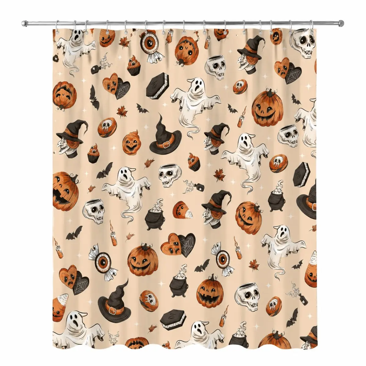 Halloween Ghost Skull Shower Curtain for Bathroom, Cute Pumpkin Bat Witch Shower Curtain Set, Gothic Horror Magic Bathroom Decor, Spooky Halloween Bath Curtain with Hooks