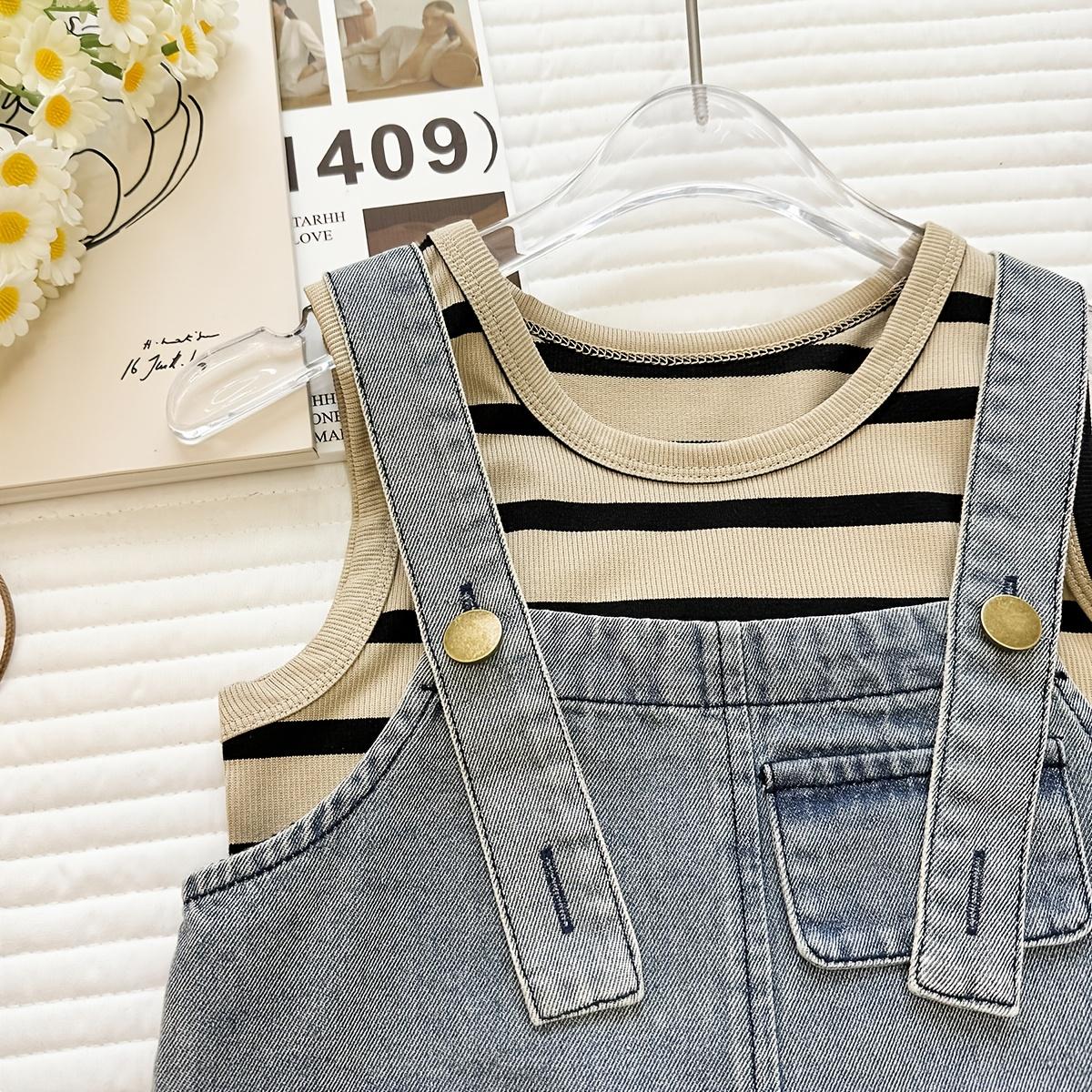Girls' 2026 Summer New Korean Style Casual Polyester Mix Thin Stripe Print 2-Piece Set - Versatile Striped Vest, Denim Front Pinafore Dress