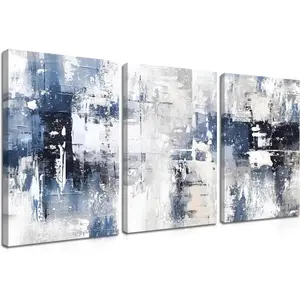 Abstract Blue and White Wall Art Set of 3, Modern Simple Navy Framed Canvas Prints Poster, Gray Painting Picture for Living Room, Bedroom, Office Wall Decor 12x16 Inch