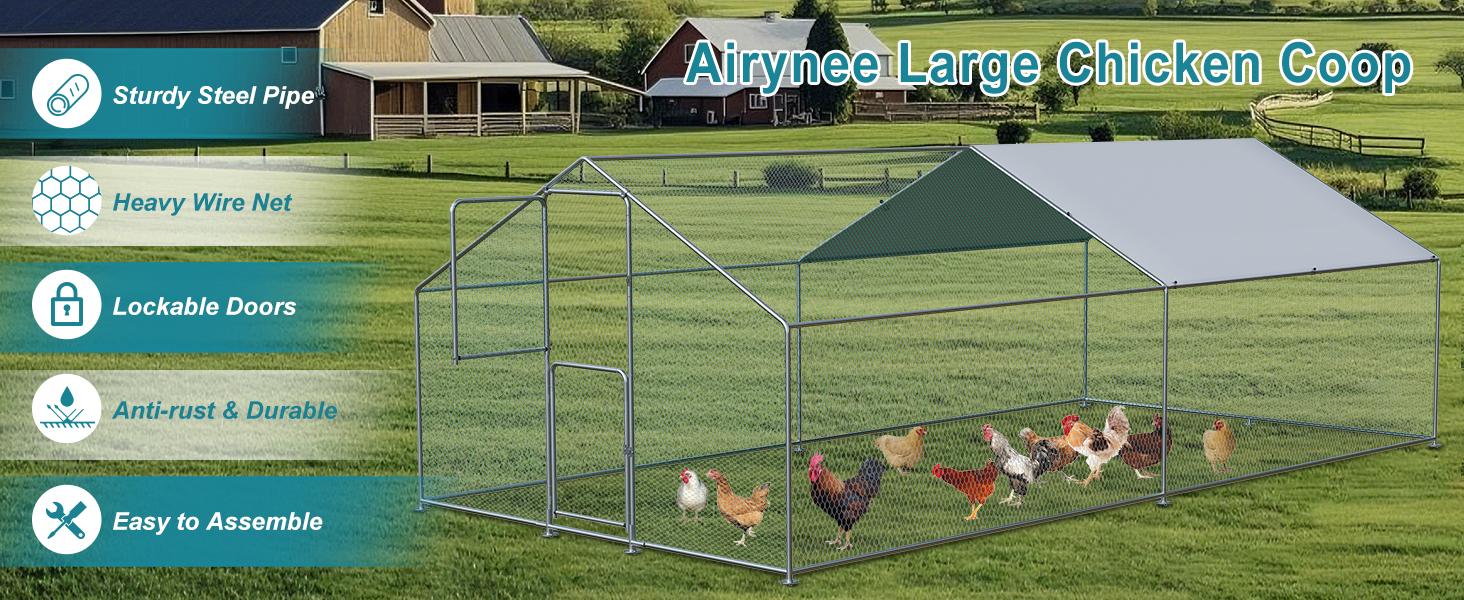 Chicken Coop Large Metal Chicken Run for 6/10 Chickens Poultry Cage with Waterproof Cover for Duck Walk-in Chicken Pen for Yard