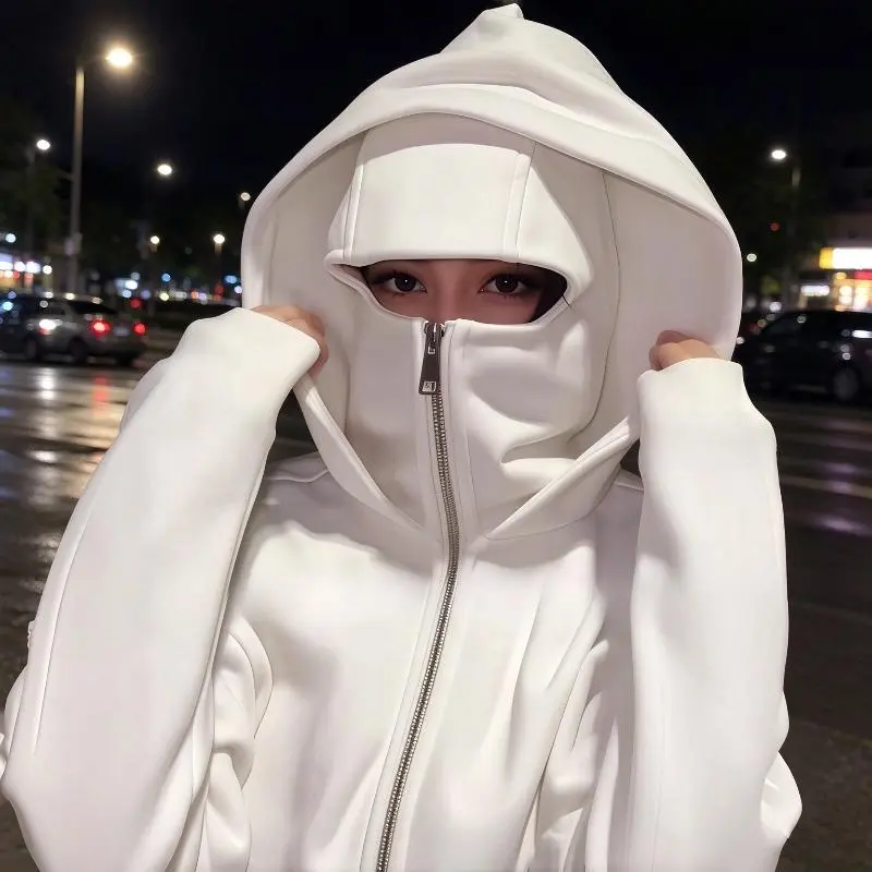 White Double Hood Zip Up Hoodie, Unique Layered Hood Design Sweatshirt, Oversized Long Sleeve Casual Streetwear Jacket for Women and men