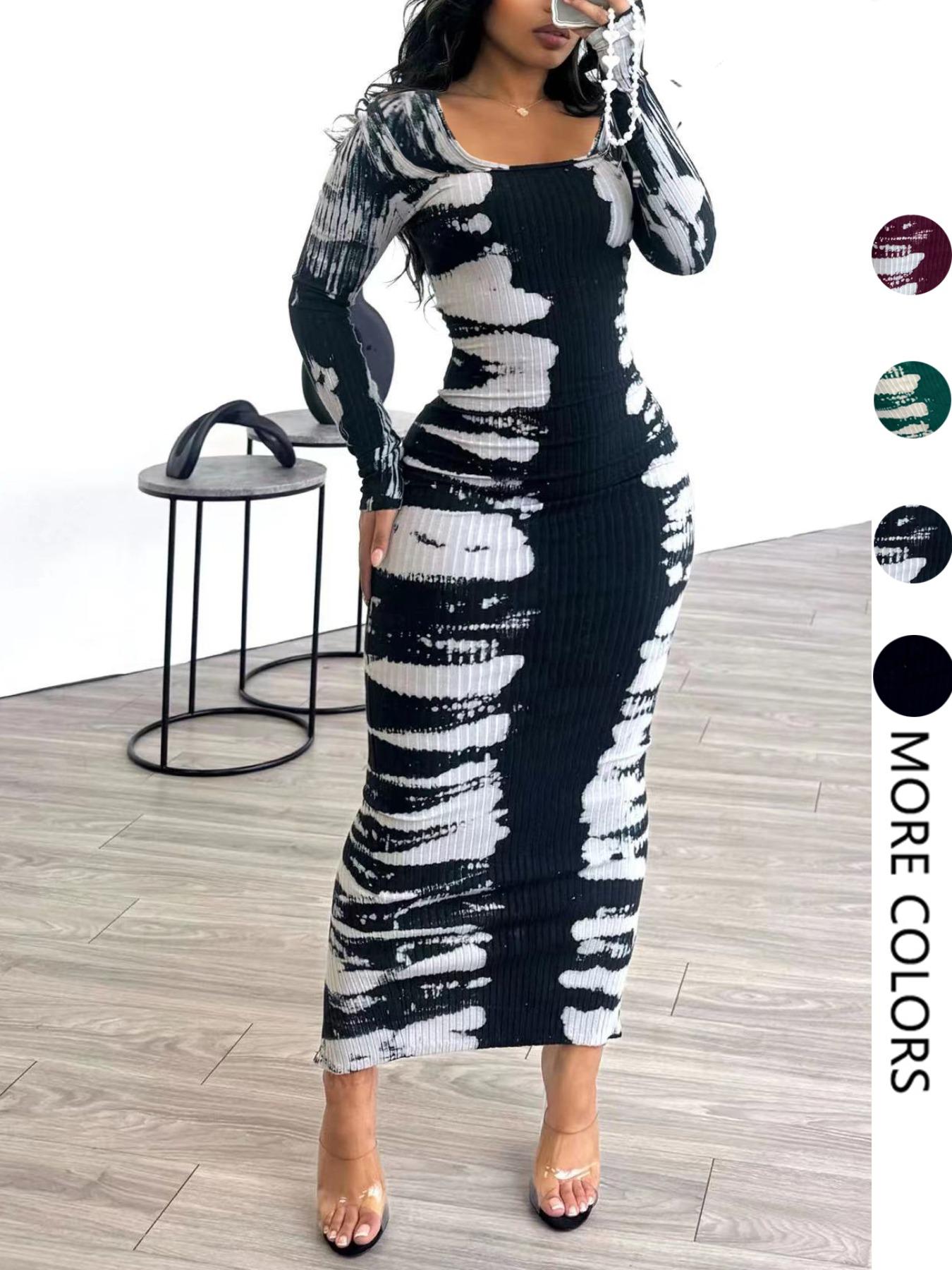 Women's U-Neck Ribbed Dress Spring New Corduroy Print Back Long Skirt, Fashion Sexy Elegant Casual Medium-Length Dress for Autumn Winter