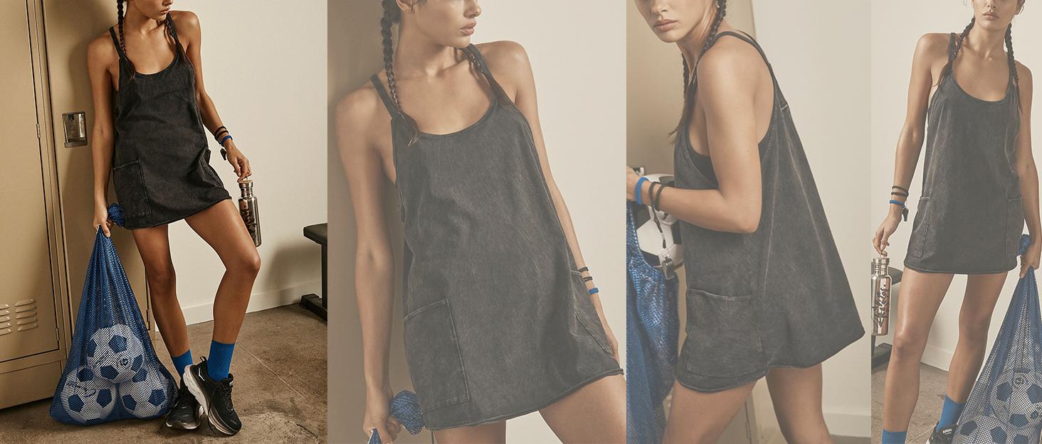 Ommig Womens Athletic Sleeveless Mini Dress with Built-in Shorts V Neck Spaghetti Strap Sundress