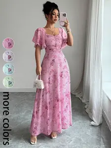 Floral Print Women's Dress, Pleated Detail, Belted Skirt / Women's Chiffon Butterfly Print, High-Waisted A-Line Dress with Bat Wings and Ruffles, Sweet French Style Summer Wear, Engagement Dress / Bridesmaid Dress / Vacation / Casual Date Outfit