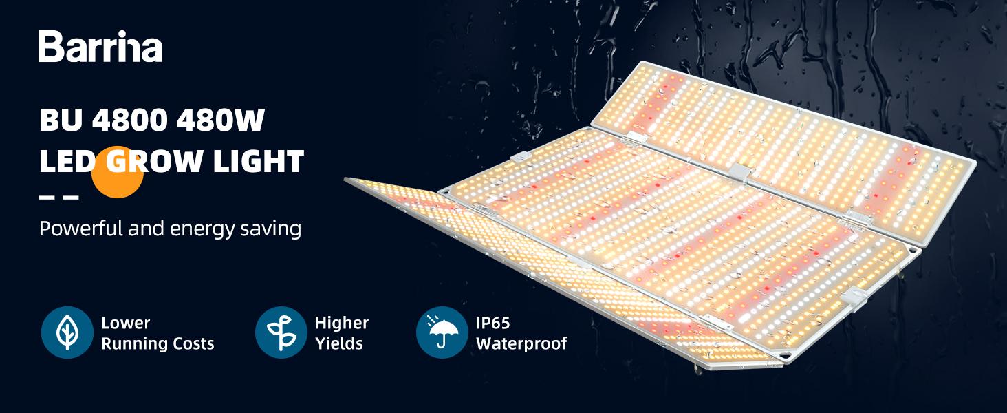 Barrina 480W BU4800 LED Grow Lights for 4x4/5x5 Grow Tent, Full Spectrum with IR, Daisy Chain Dimmable, Adjustable Light Panel Barrina 480W BU4800 LED Grow Lights for 4x4/5x5 Grow Tent, Full Spectrum with IR, Daisy Chain Dimmable, Adjustable Light Panel