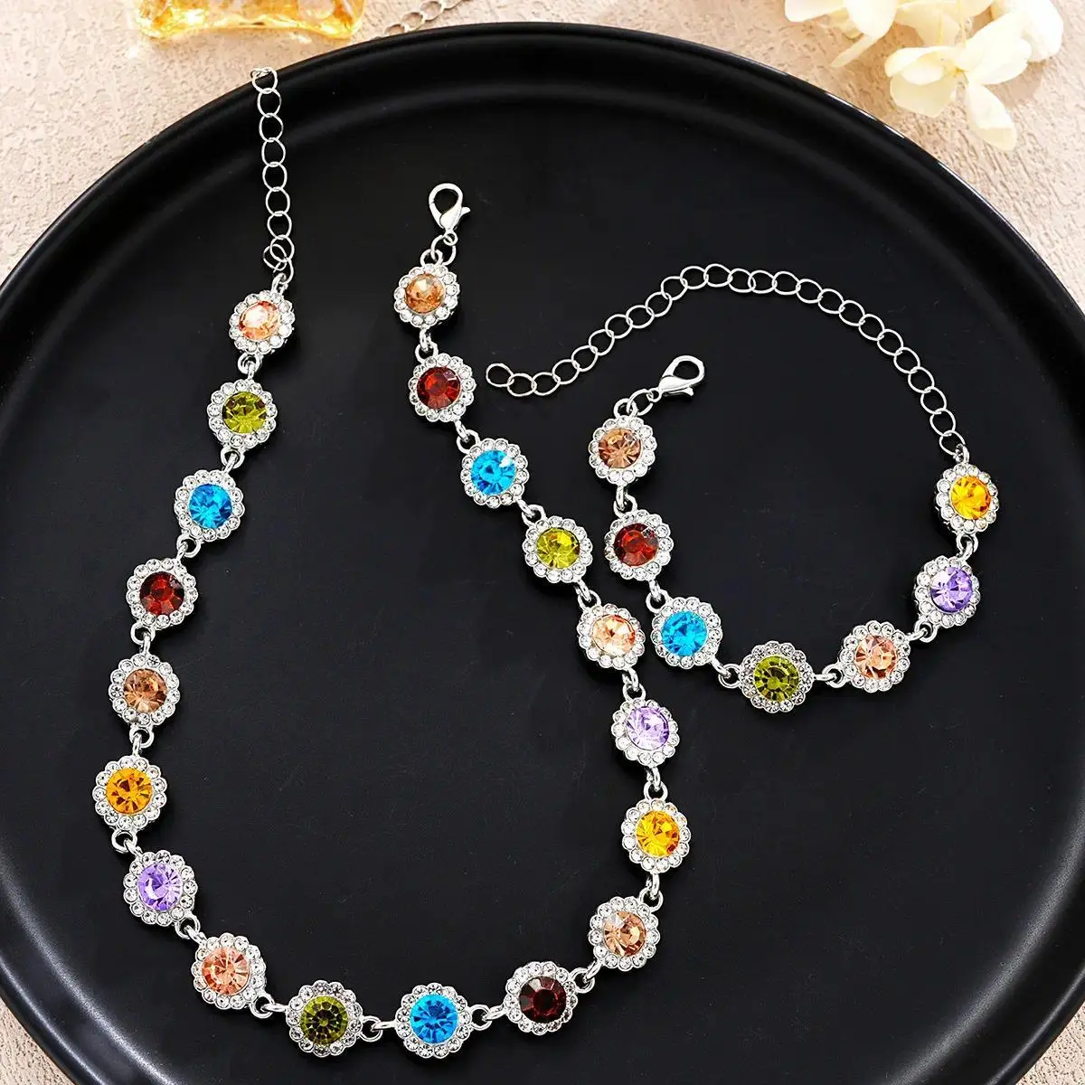 Dopamine Colorful Zircon, Necklace And Bracelet Set, For Women, Bling Rhinestone Flower Halo, Hypoallergenic Tarnish Resistant, Rainbow Tennis Choker Matching Jewelry, Adjustable Extension Chain, Perfect Prom Party Gift