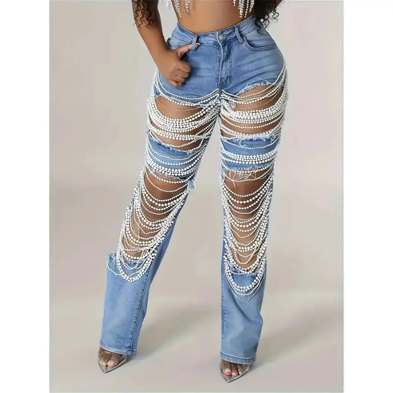 [Elegant Style] Women's Mid-Rise Straight Leg Jeans with Imitation Pearl Chain Detail, Vintage Style Denim in Light Wash/Blue, High-Waisted Ripped Design,Perfect for Womenswear Bottom pantaloons bootcut  jeans