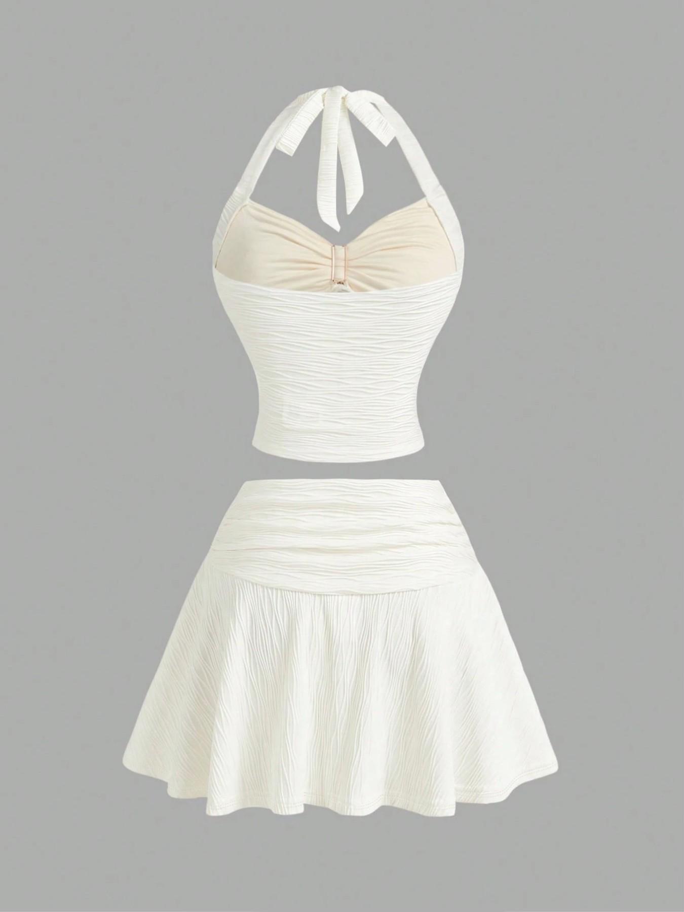 Women's Spring Summer Fashion Comfort Elegant Sexy Floral Decorated Halter Top and Wave Pattern Skirt Set