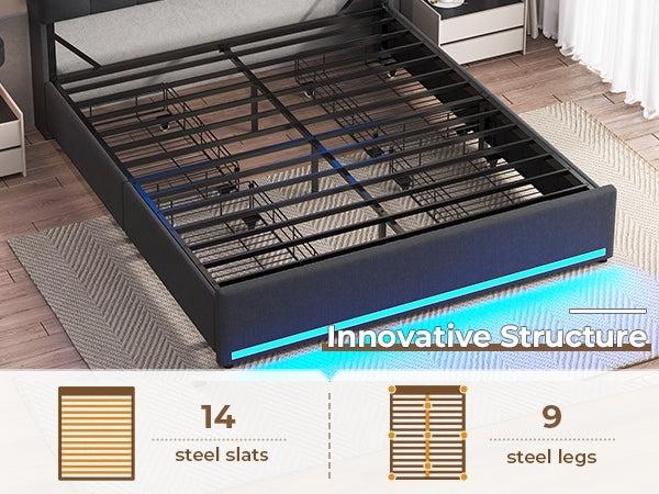 Sikaic Upholstered Platform Bed Frame with LED Lights & Charging Station Hidden Storage Headboard and 4 Drawers Linen Dark Grey