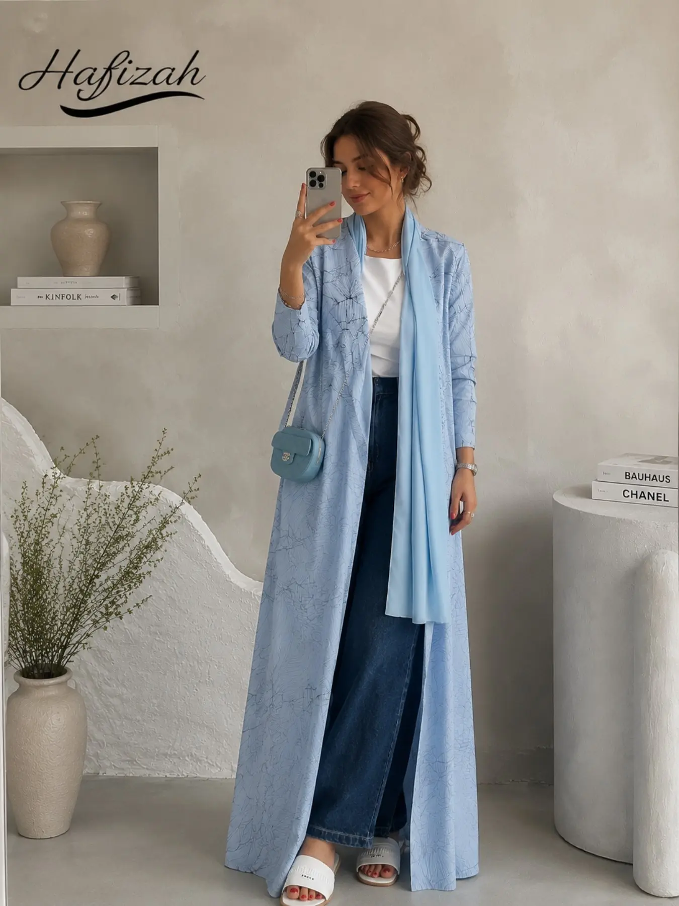 Women's Ice Blue Open Front Loose Robe, Elegant Long Sleeve Kimono Dress Coat, Luxurious Muslim Fashion, Ramadan and Eid Clothing