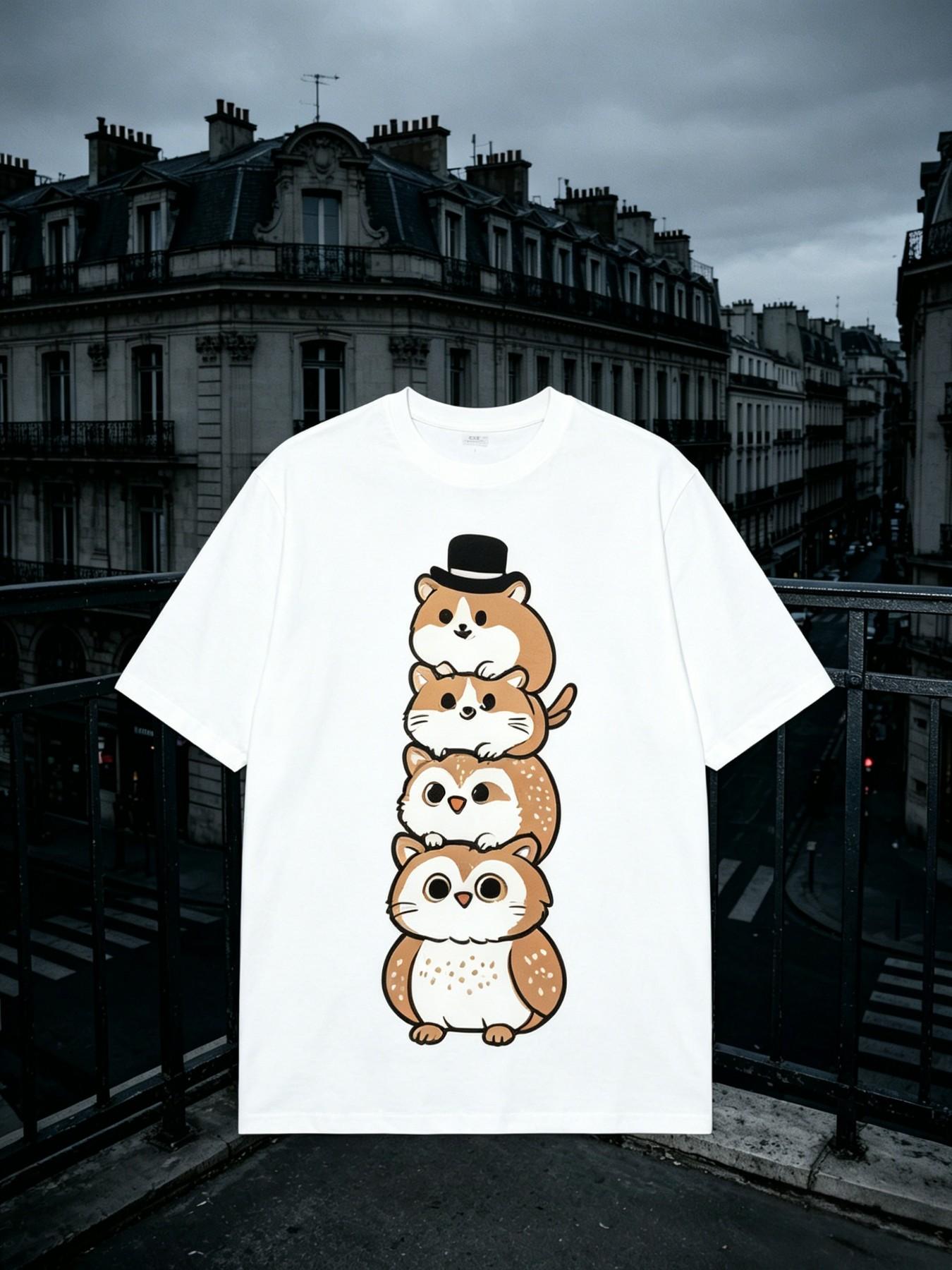 Short-sleeve T-shirt, American cute stack style, cartoon stacked Shiba Inu and owl print, perfect for pet lovers and kawaii trendsetters in daily casual streetwear