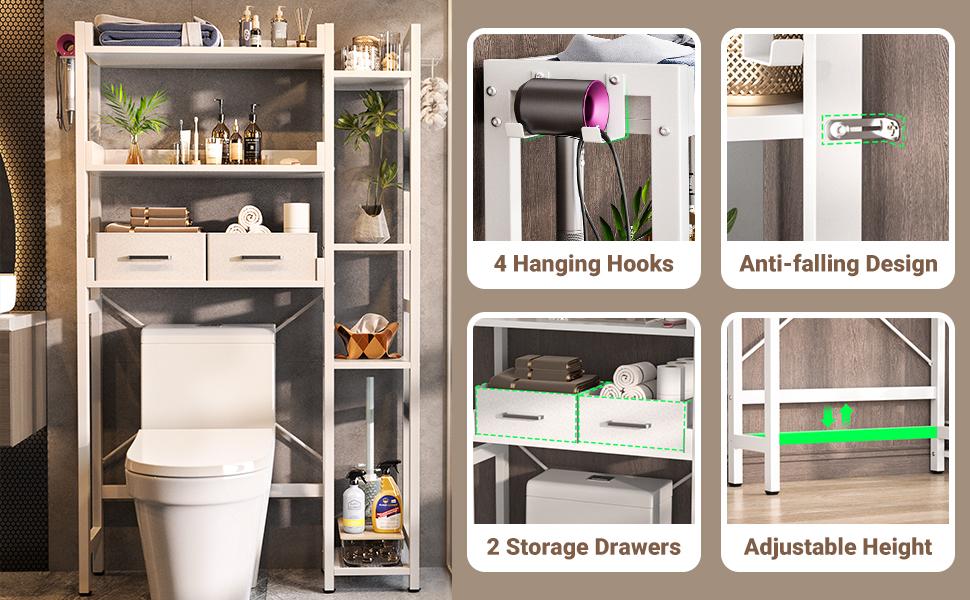 Over The Toilet Storage with 2 Drawers, 7 Tier Bathroom Organizer with Adjustable Shelf,Freestanding Space Saver Storage Rack with 4 Hooks