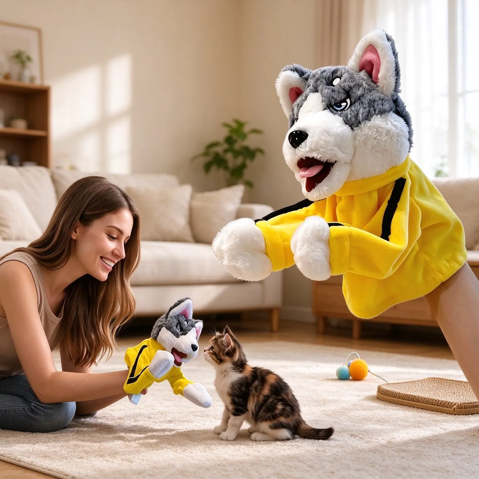 Funny Sound Pet Boxing Puppet Toy, Soft Plush Kung Fu Husky Puppet, Interactive Toy for Small Dogs and Cats, Enhances Bonding, No Battery Included