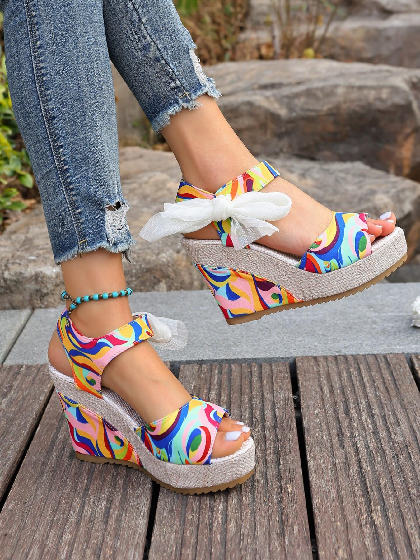 Women's Boho Abstract Colorblock Graffiti Print Shoes, Rhinestone Bow Detail, Chunky Textured Heel, Open Back Design, Versatile & Stylish