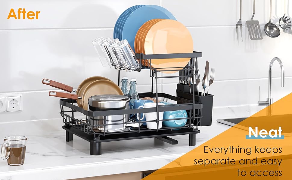 2-layer dish drying rack, kitchen counter space saving dish rack, dish drain drying rack with drip board, utensil rack, cup rack, tray rack and automatic drainage board, black Bowl Organiser