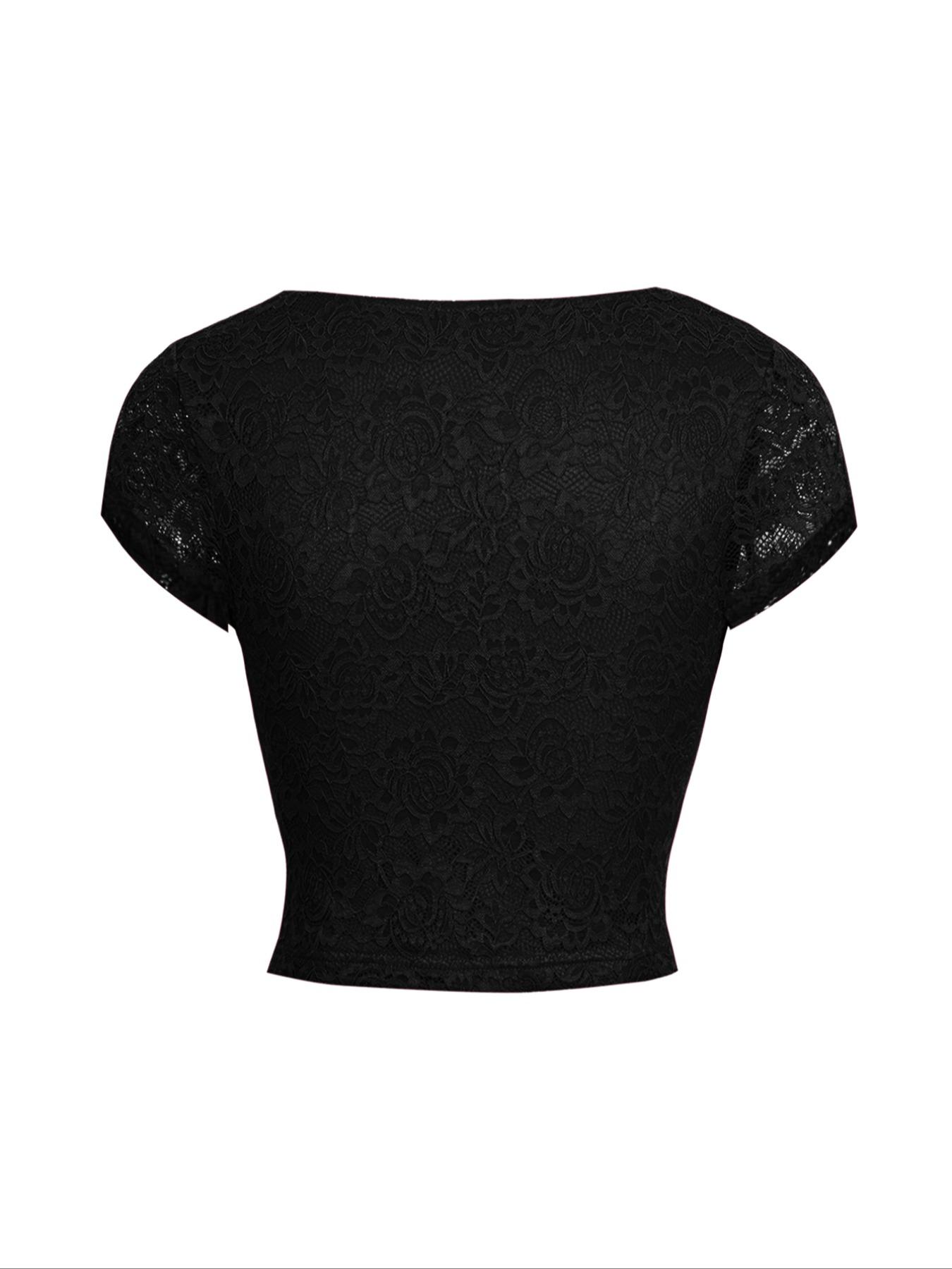 Spring Summer Y2K Sexy Slim Fit V Neck Lace Patchwork Bow Hollow Out Short Sleeve T-Shirt, Women's Fashion Casual Top Womenswear