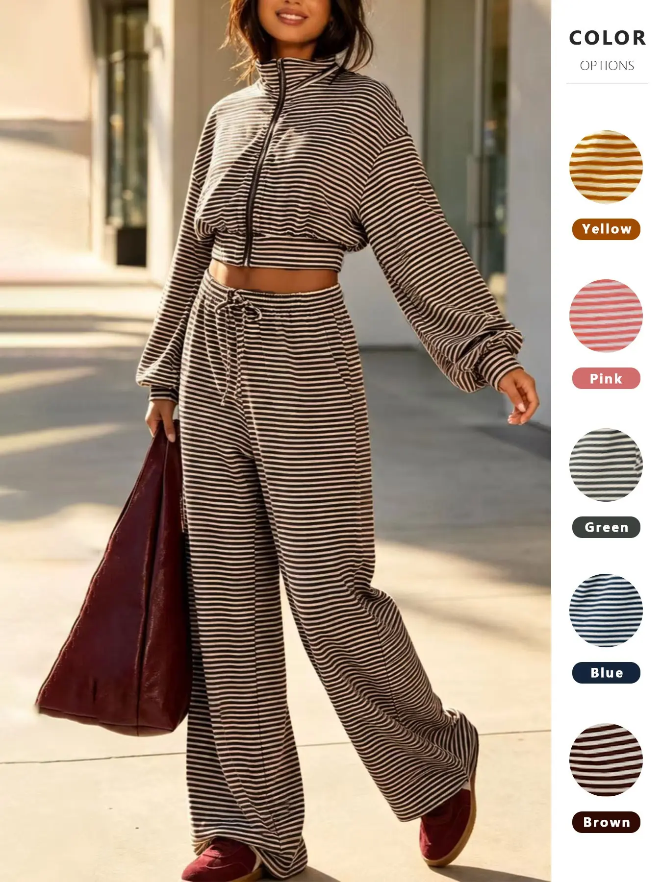 Women's Striped Long Pants Set, Soft Elastic Fabric, Short Zipper Jacket + High Waist Wide Leg Drawstring Pants, Casual Fashion