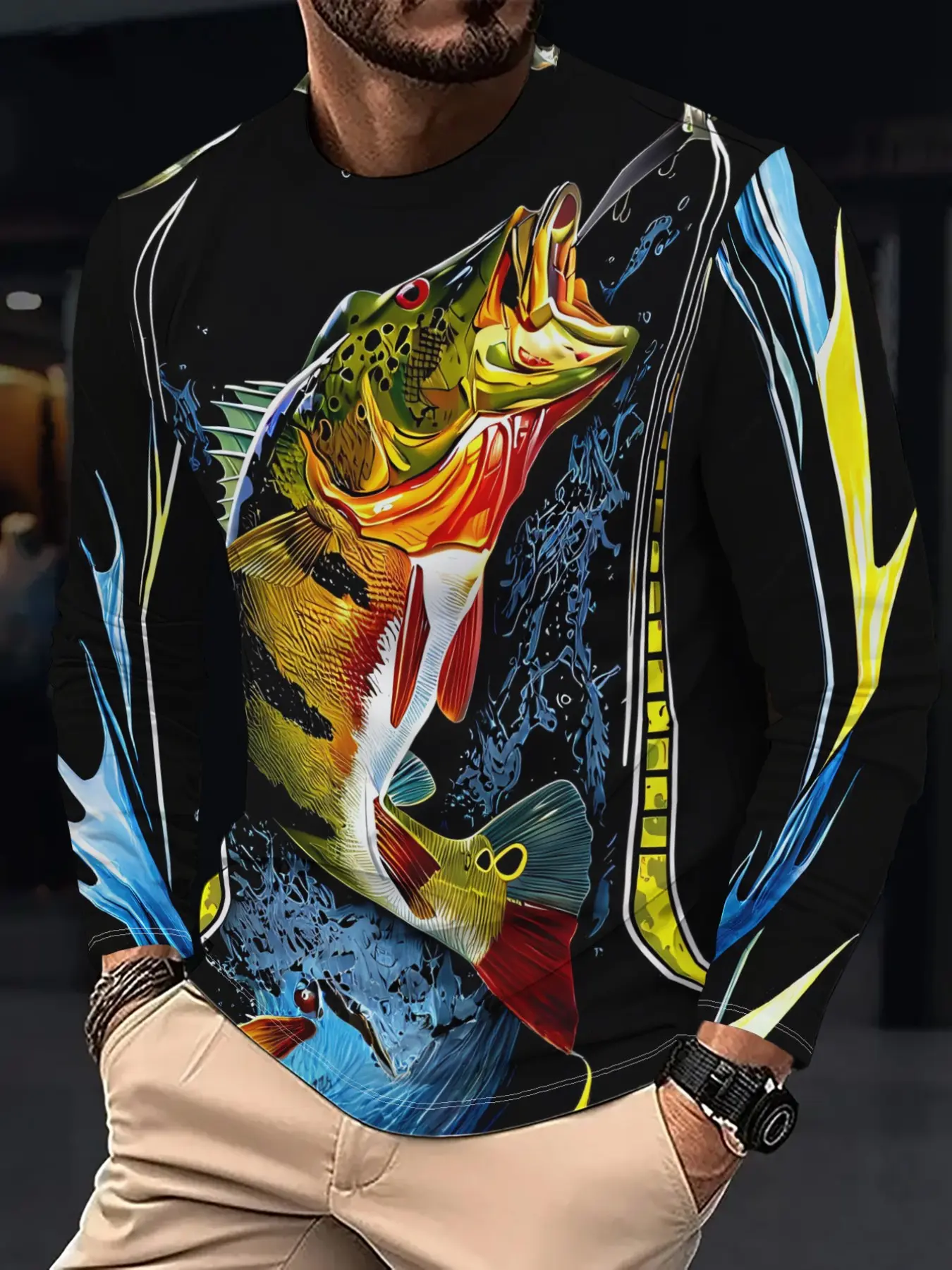 Men Fishing Theme  Print Long Sleeve T‑Shirt, Crew Neck Casual Outdoor Sport Tops, Vibrant Ocean Fish Graphic All‑Over Print Tee For Fisherman Daily Wear