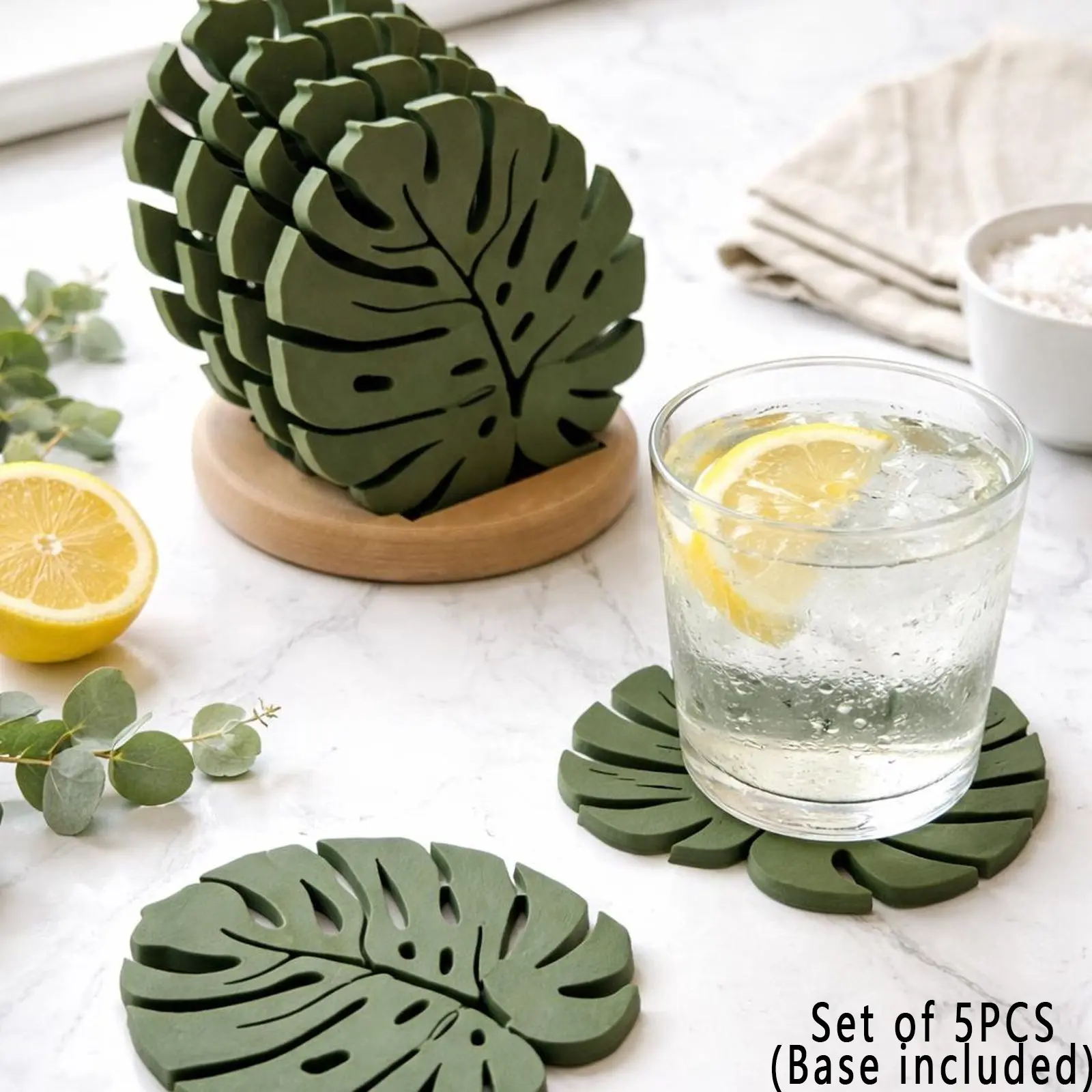 Set of 5PCS Monstera Leaf Decorative Coaster Set, Non-Slip Heat Resistant Silicone Coasters for Drinks, Tropical Green Plant Home Decor, Aesthetic Cup Mats for Coffee Table, Unique Gift for Plant Lovers, Housewarming Kitchen Accessories (Base included)