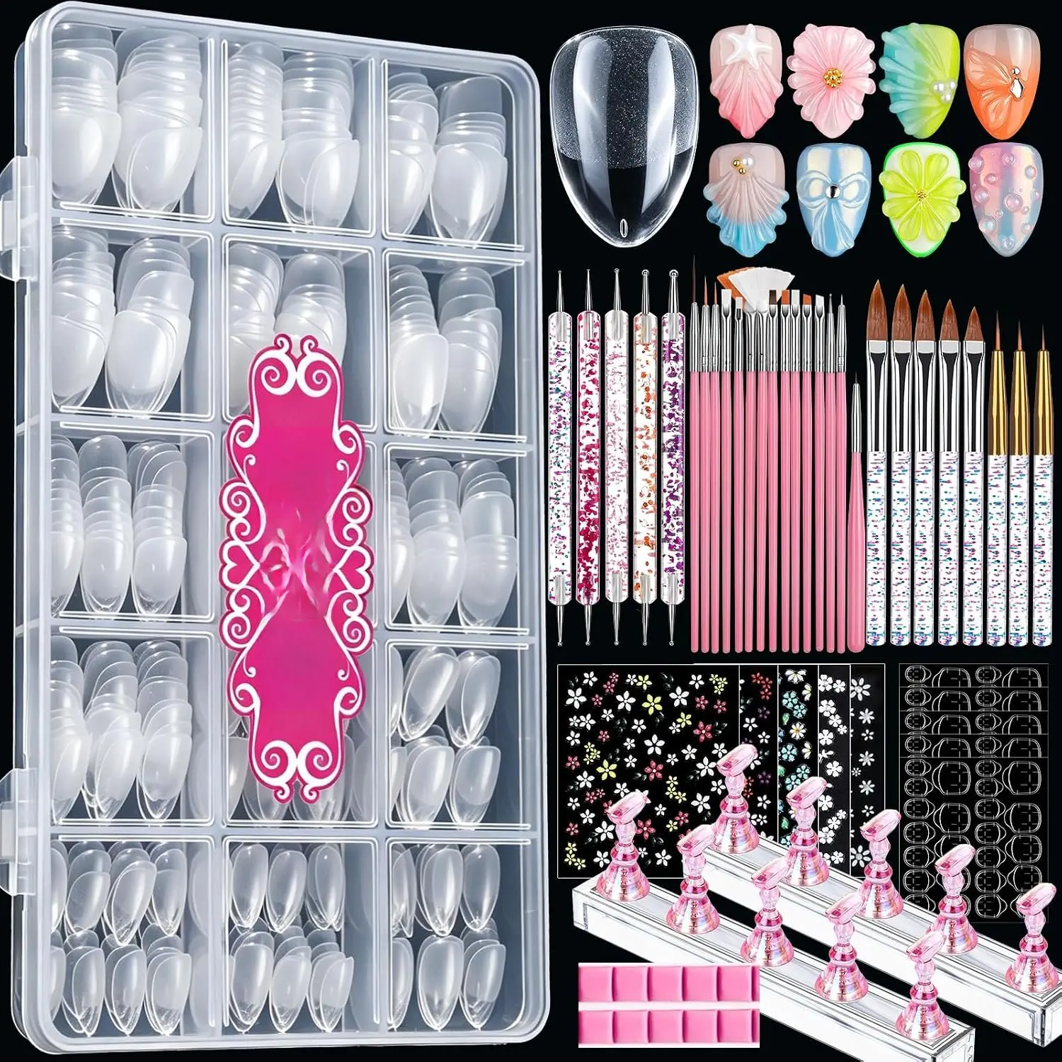 Short Almond  Tips Set, 510 count 15 Sizes Half Matte Pre-shaped Clear   Tips, 23 count  Art Brushes, Dotting Tool,  Stand,  Stickers for DIY  Art