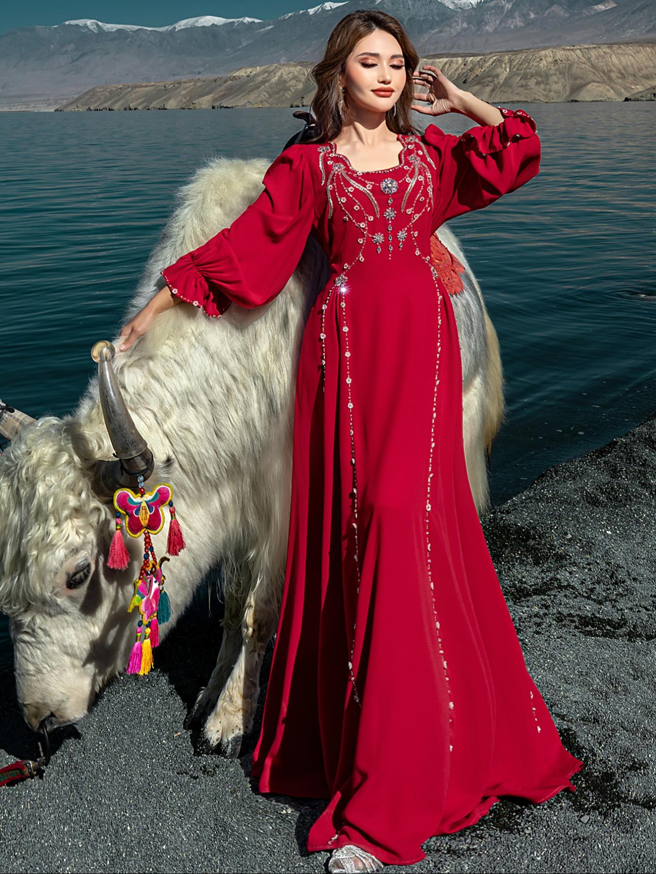 Embroidered Abaya Dress, Formal Wear, V Neck, & Silver Beads, Flare Sleeves, Elegant Fitted, Perfect for Formal Weddings & Eid Celebrations