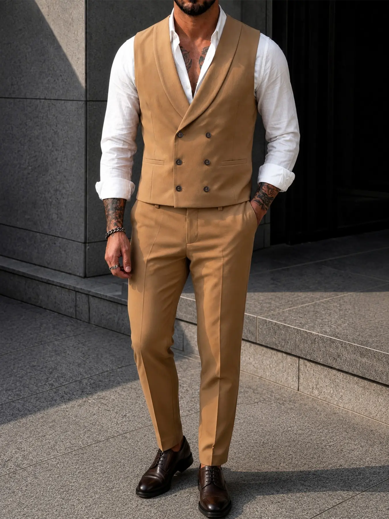 Men's Fall New Solid Color Vest and Pants Set, Double Button Shawl Lapel Waistcoat, Italian Gentleman Style, Comfortable Wrinkle-Resistant Fabric