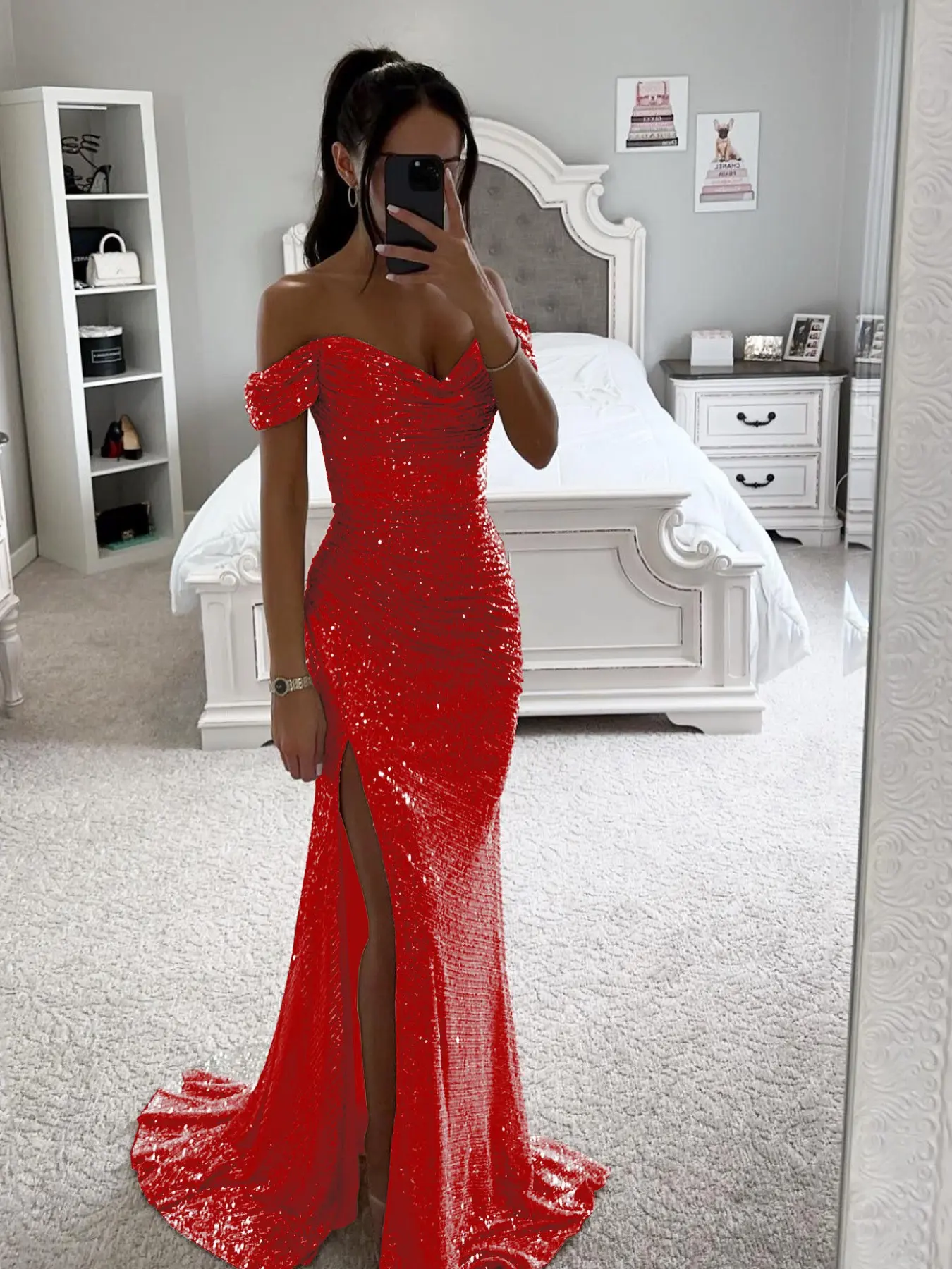 2026 European Women's Dress, Sequin One-Shoulder Split Long Dress, Fashion Party Dress, Sexy Evening Gown, Elegant Cocktail Dress, Formal Wear
