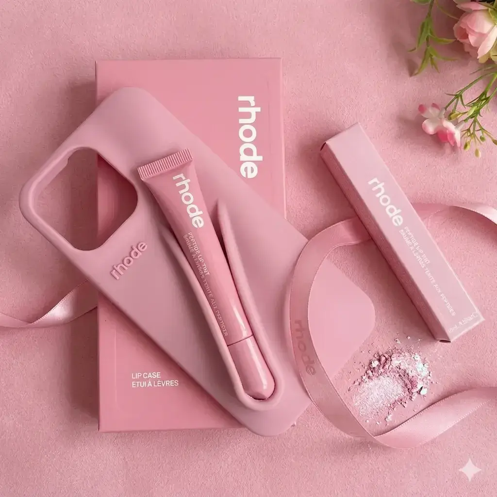 Women's Cute Aesthetic Rhode Style Lip Gloss Holder Phone Case for iPhone 13-17 Pro Max, Soft Silicone Shockproof Protective Cover with Built-in Lip Balm Slot