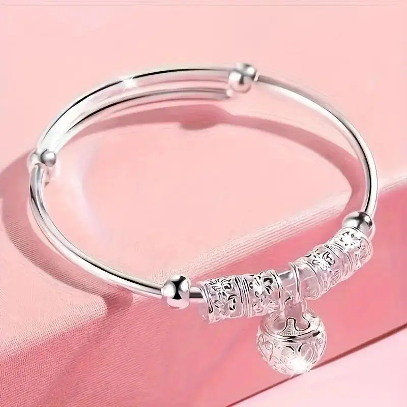 925 Sterling Silver Bangle Bracelet with Movable Fidget Beads & Jingle Bell Charm, Hypoallergenic Open Cuff for Daily Wear, Calming Jewelry Gift for Stress Relief