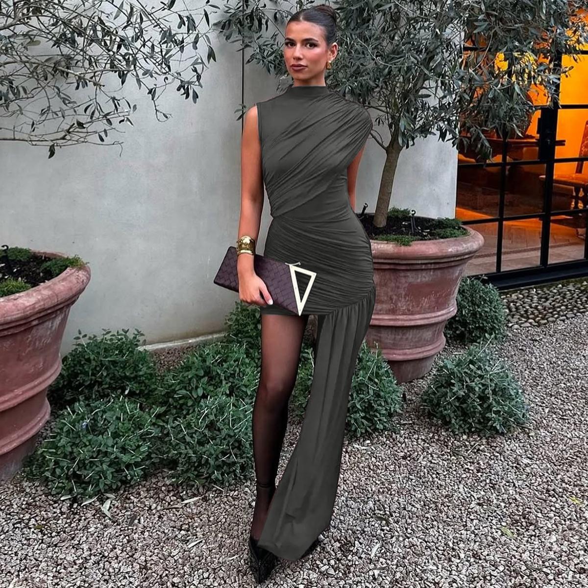 Women's Solid Color Ruched Asymmetrical Bodycon Dress, Elegant Mock-Neck Short Dress for Party Date Evening, Ladies Summer Clothes