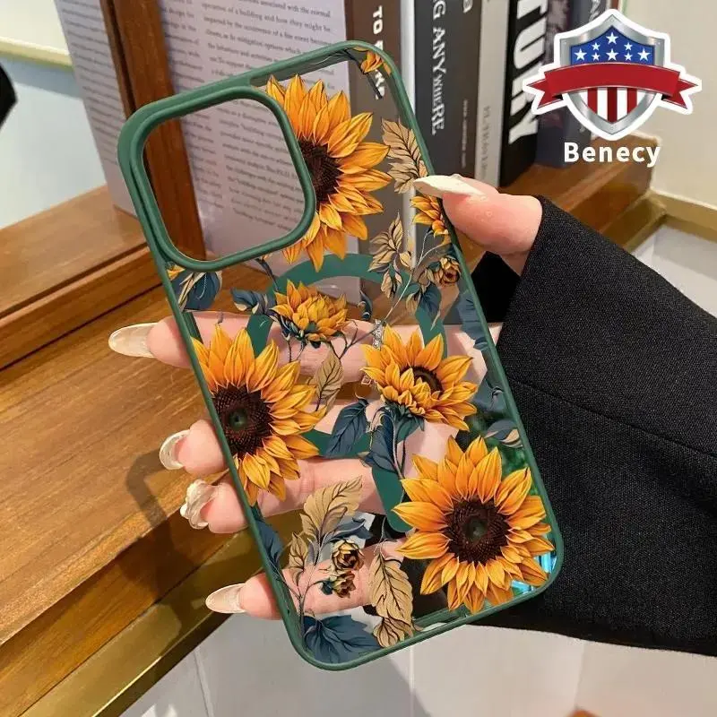 Wild Sunflowers Pattern Magnetic Phone Case for iPhone 11-17 Series, Shockproof Grip Silicone-Acrylic Cover, Wireless Charge Support, Transparent View, Non-Slip Durable Protection Mobile Phone Accessories, Iphone Series