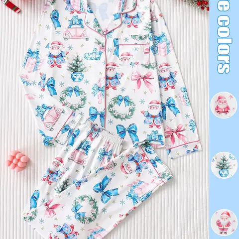 Women's Christmas Pajama Set Pyjamas, Santa Claus Garland Bow Pattern, Soft Skin-Friendly Fabric, Fitted Long Sleeve Top + Elastic Pants, Cute Holiday Sleepwear