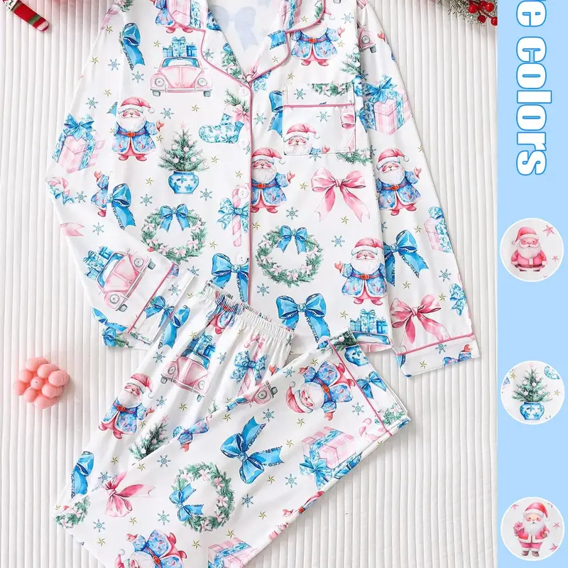 Women's Christmas Pajama Set Pyjamas, Santa Claus Garland Bow Pattern, Soft Skin-Friendly Fabric, Fitted Long Sleeve Top + Elastic Pants, Cute Holiday Sleepwear