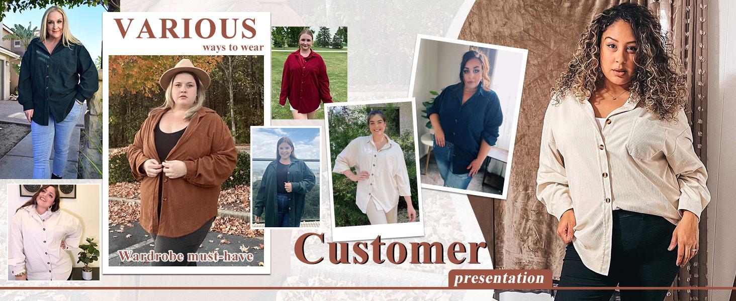IN'VOLAND Womens Plus Size Corduroy Shirt Long Sleeve Button Down Shirts Fall Blouses Tops Casual Jacket Shacket Loose Fit Lightweight