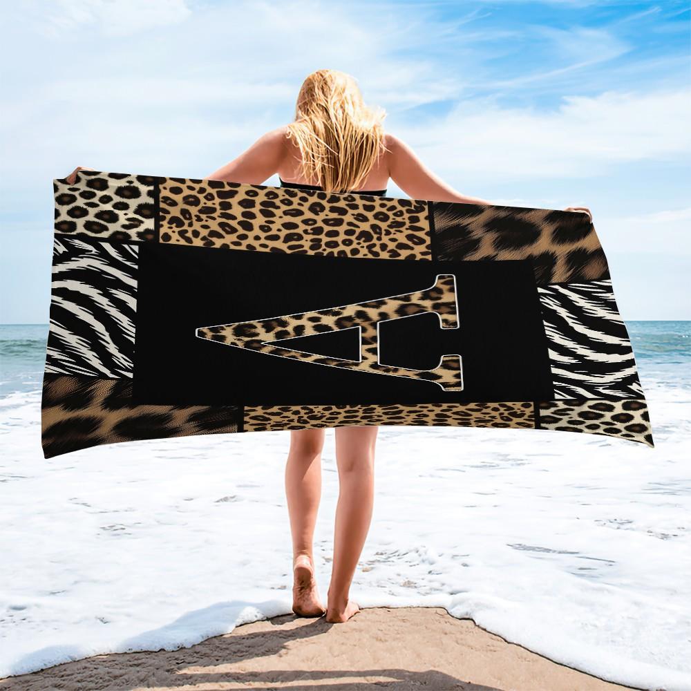 Animal Print Monogram Beach Towel, Leopard Zebra Tiger Initial Microfiber Quick Dry Sand Free Towel, Gift for Animal Lovers