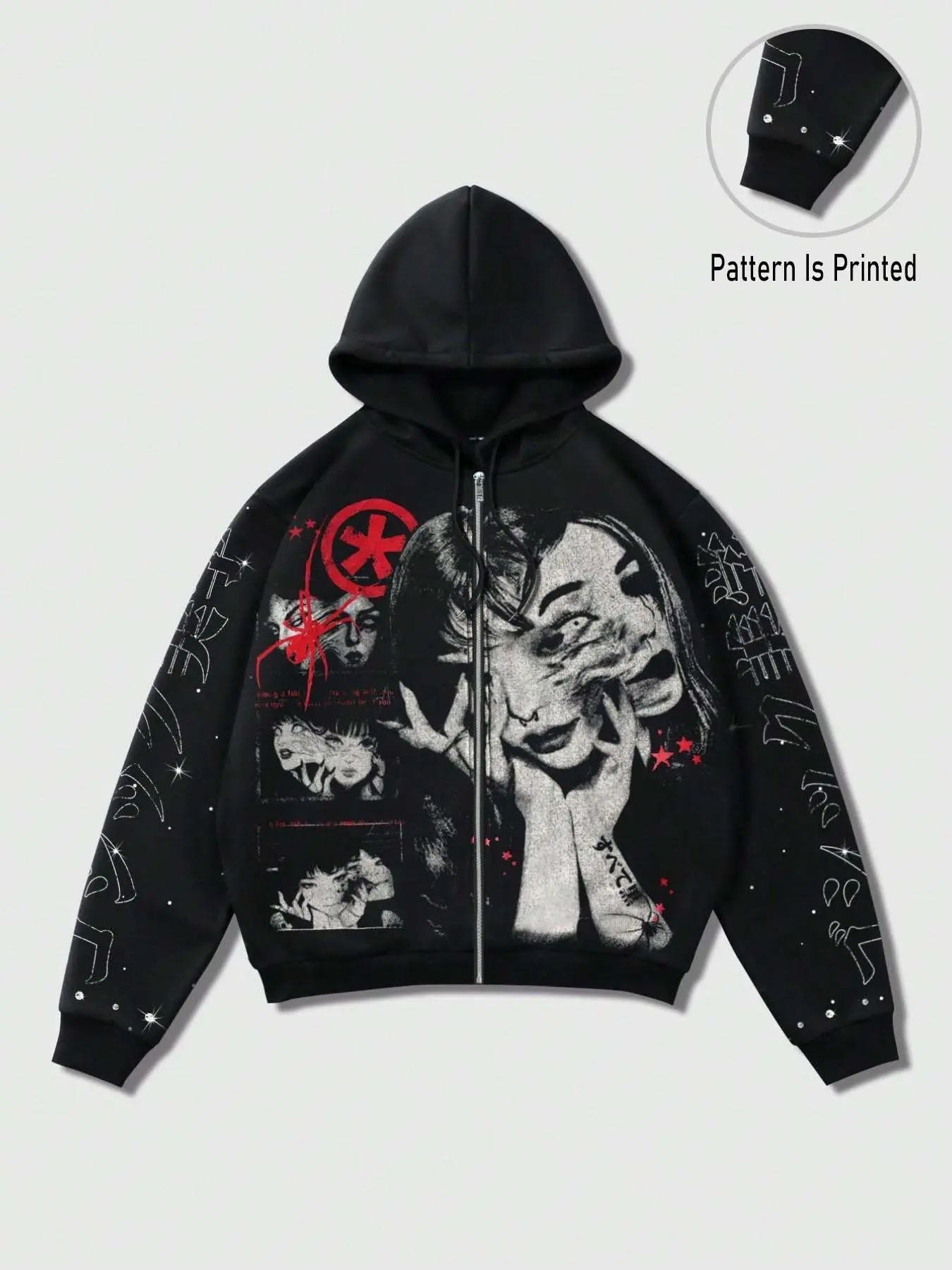 Y2K dark style comic portrait printed sweatshirt, fashionable casual warm hooded zip-up jacket, American high street retro trendy sweatshirt