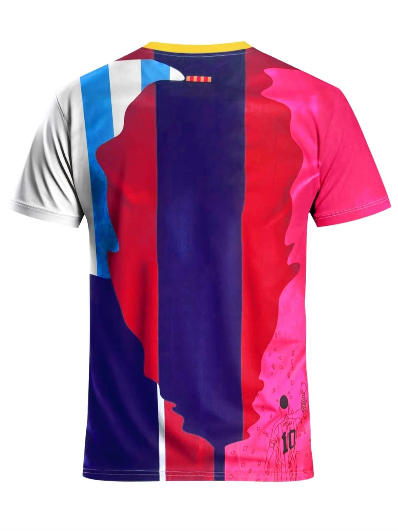 Men's Messi Barcelona Argentina Patchwork Soccer Jersey, Sporty Short Sleeve Top, Geometric Pattern, Loose-Fit, All Seasons