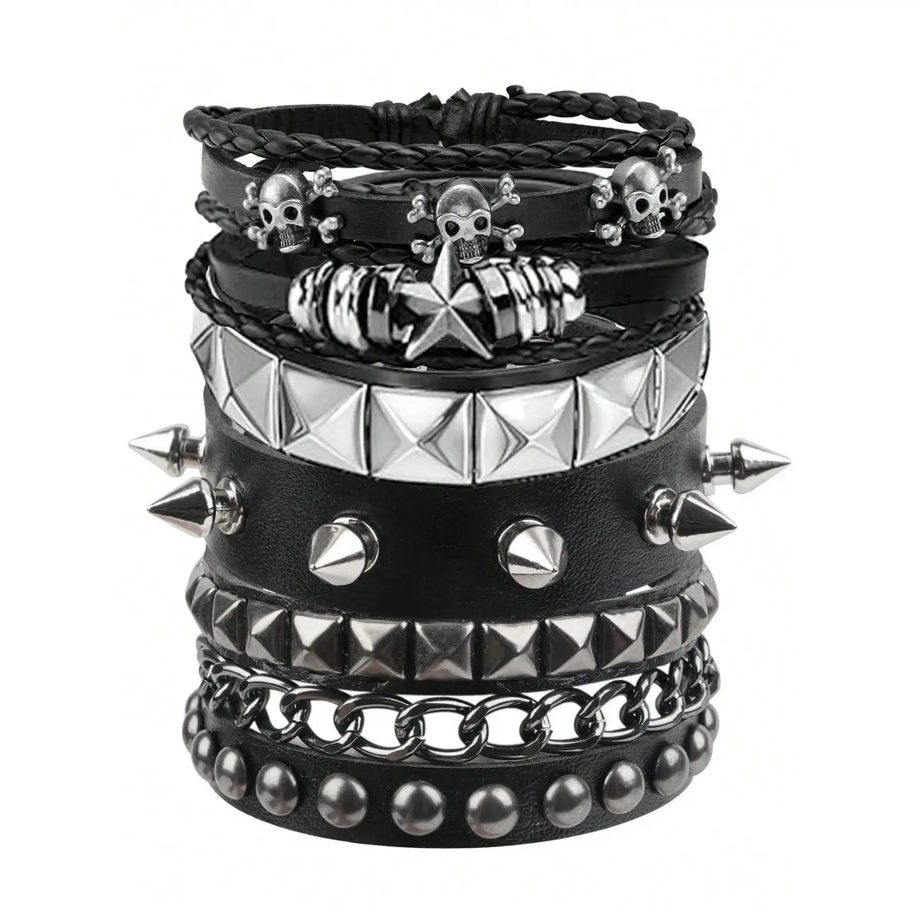5PCS Y2K Punk Bracelet Set for Women & Men, PU Leather Studded Cuff Bracelets with Rivets & Spikes, Adjustable Gothic Grunge Wristbands for Concert, Festival, Cosplay, Streetwear & Everyday Style sohochic