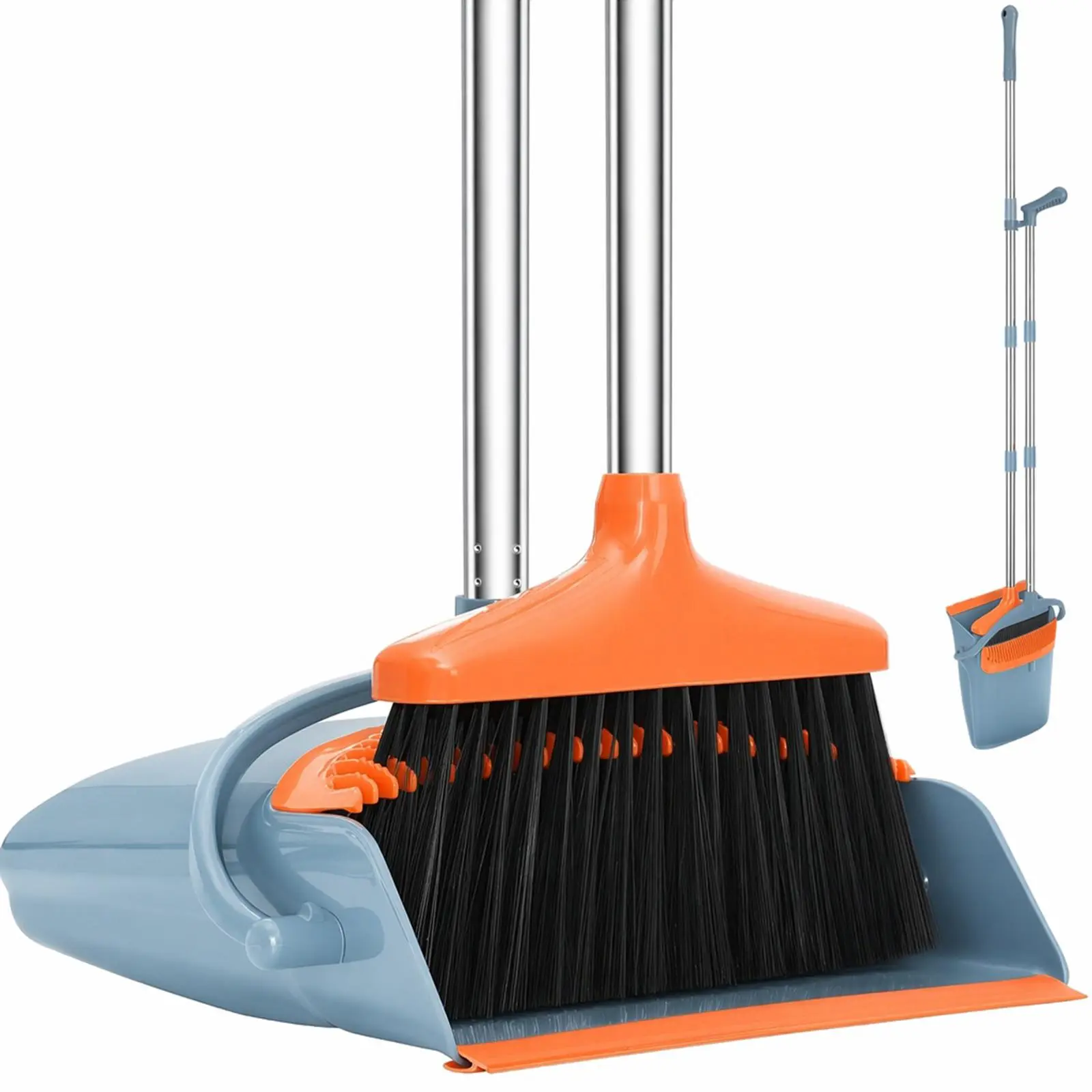 Broom and Dustpan Set, 46-in Long Adjustable Handle Broom Dustpan Combo with Dustpan Teeth to Automatically Clean Hair Suitable for Home Kitchen Office Hall Floor (Gray&Orange)